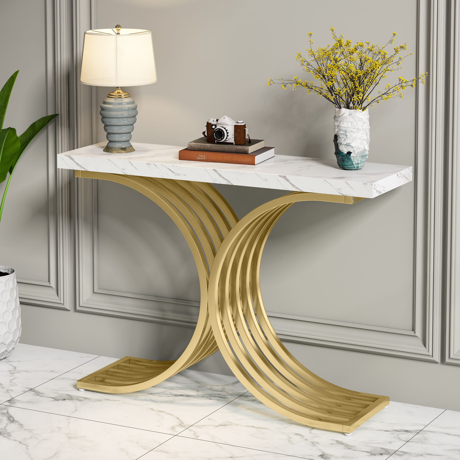 Narrow Console Table, Side Table With Gold Metal Frame, 100 X 30 X 80 Cm Hall Table, Small Display Table, Sofa Table For Small Spaces, For Entryway, Living Room
