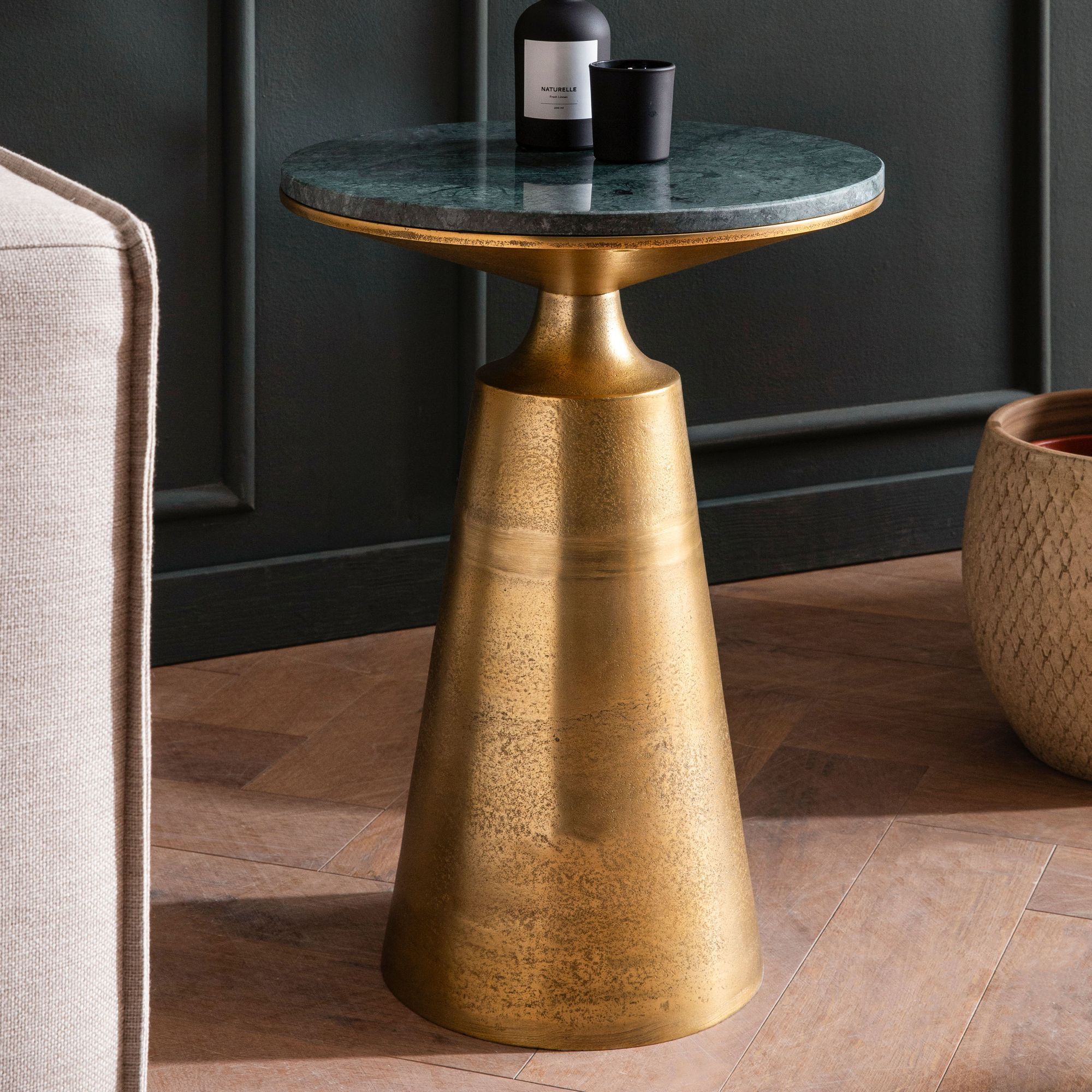 Image of Side Table Genuine Marble Metal 40x40x56.5 Cm, Green Gold Accent Table, Small Round End Table, Modern Living Room Coffee Table, Tall Marble Table