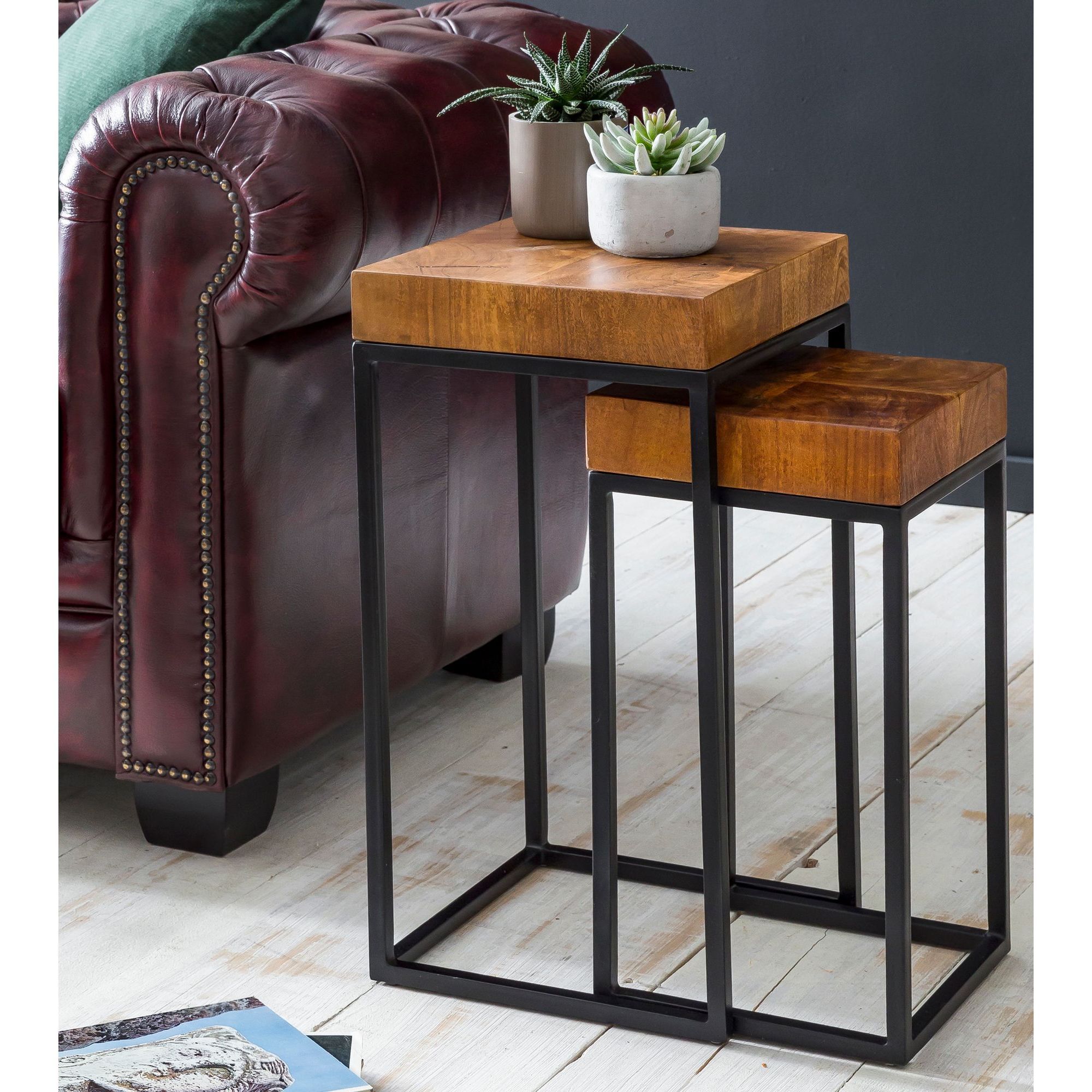 Design Coffee Table Fb51457 Metal Side Table 2pcs Set Small, Sofa Table Set 2 Wooden Tables, Solid Room Table Metal Frame, Narrow Coffee Table Side Table