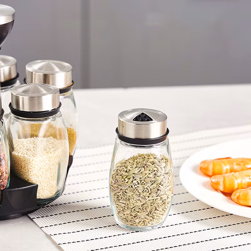 6 jar revolving spice rack organizer holder kitchen countertop seasoning stand rotating spice rack with stainless steel lid rotating seasoning organizer black details 3