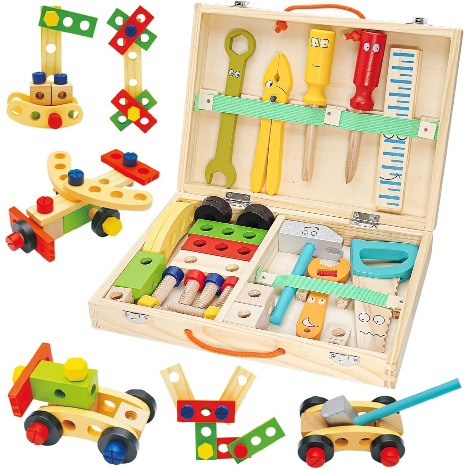 E-shop Holzwerkzeugkasten, 34-teiliges Set, Holzspielzeug, Werkzeug-Lernspielzeug, Holzwerkzeuge, DIY-Autospielzeug für Jungen und Mädchen