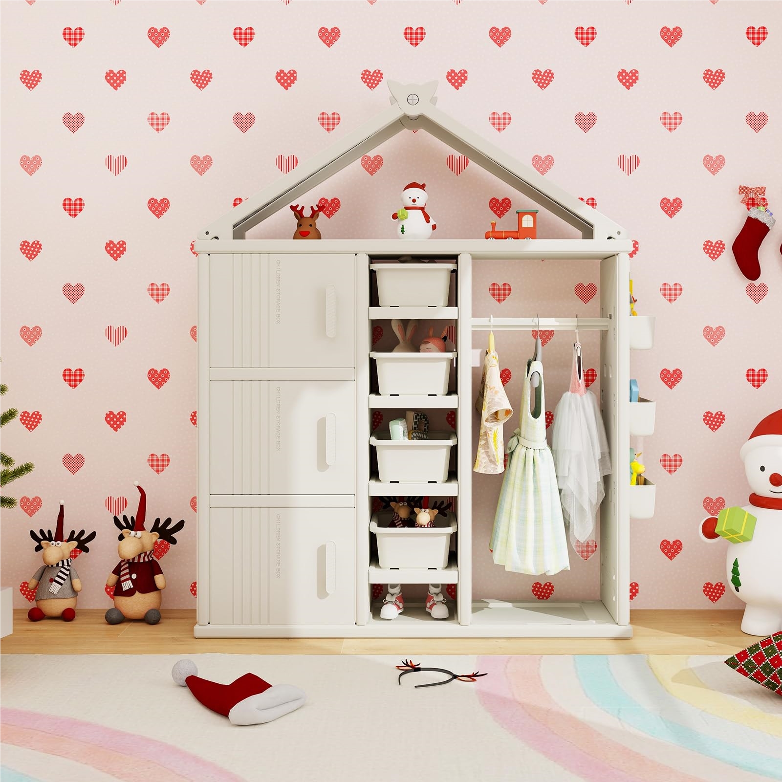 House-shaped Kids' Shelf With Clothes Rack, Bookshelf, Toy Shelf With Side Baskets & 4 Storage Boxes, Toy Organizer For Children's Room (white)