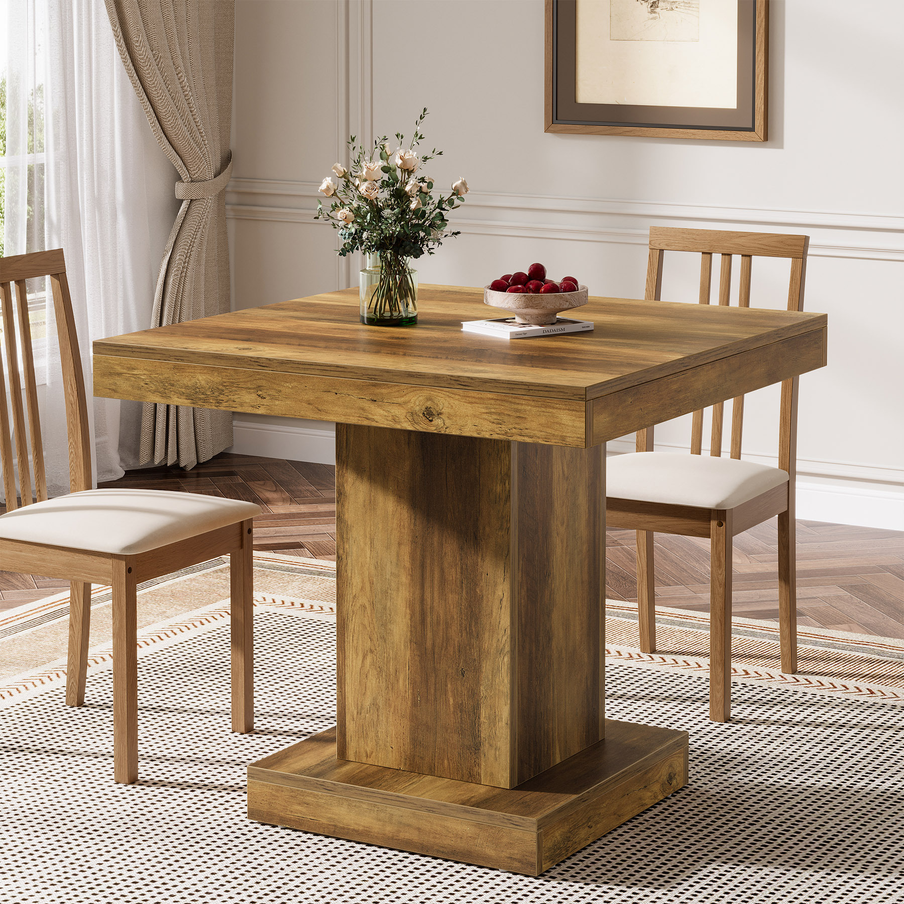 Square Dining Table For , Farmhouse Kitchen Table With Sturdy Base, Rustic Wooden Dining Table For Home, Dining Room, Small Rooms, Rustic Brown.