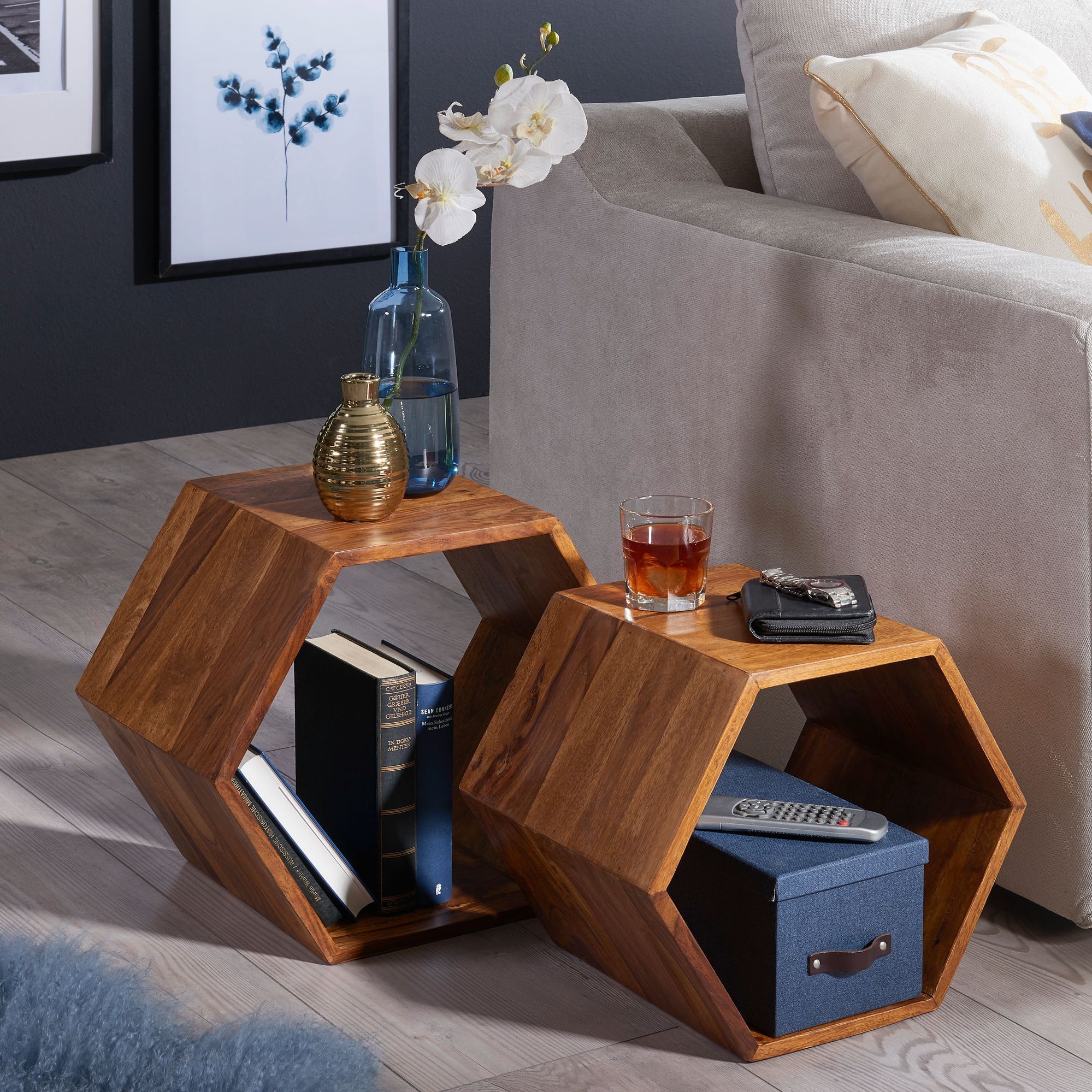 Image of Side Table 2pcs Set Solid Wood Design Living Room Table, Solid Couch Table Set, Designer Set Table Living Room, Small Wooden Sofa Table, Small Sofa Side Table