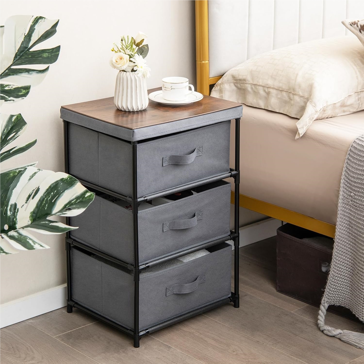Chest Of Drawers With 3 Removable & Foldable Drawers, Fabric Storage Furniture, Sturdy Metal Frame