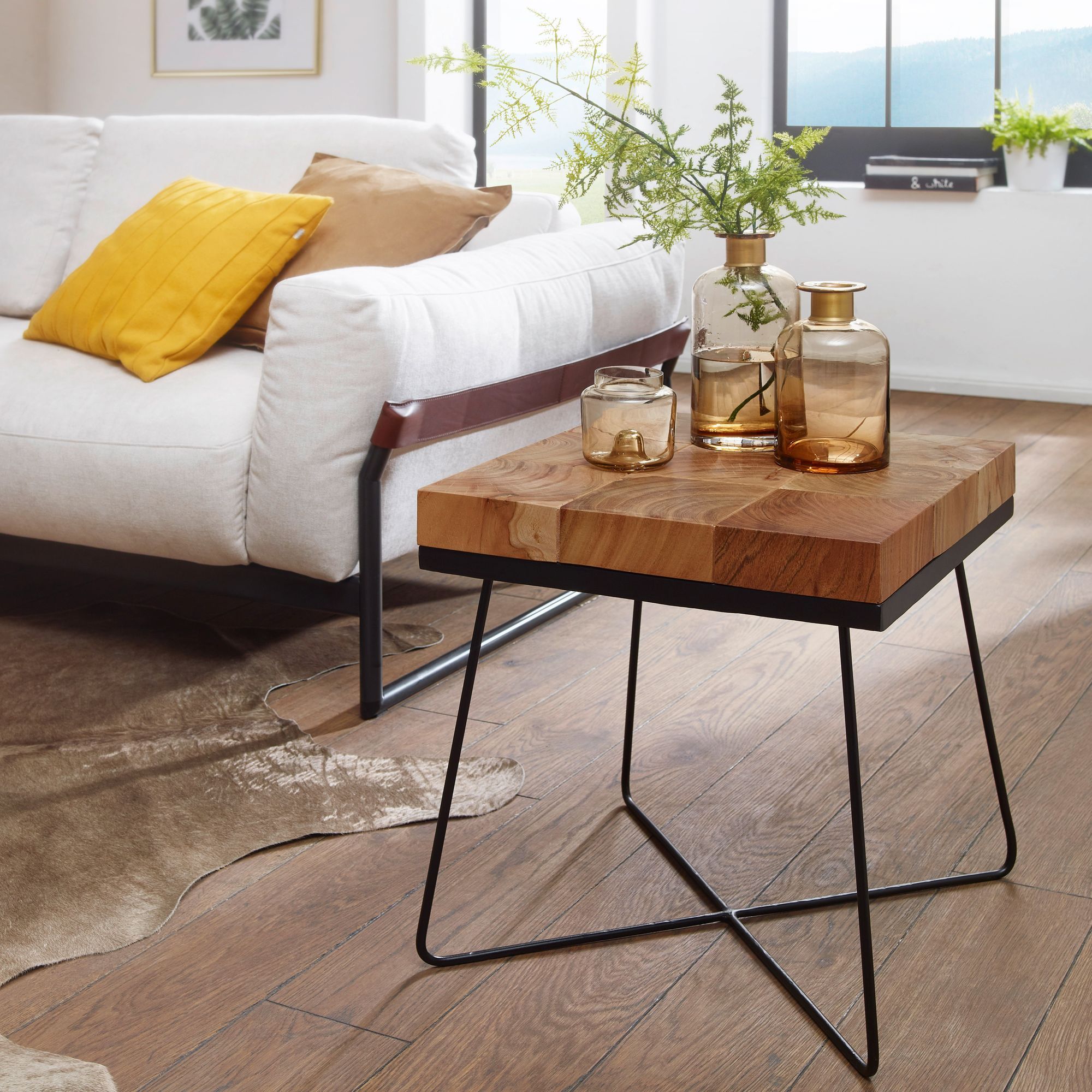 Image of Side Table 45 X 45 X 51 Cm Solid Acacia Wood With Metal Frame, Industrial Square Solid Wood Table Brown, Modern Wooden Table With Metal Legs For Living Room.