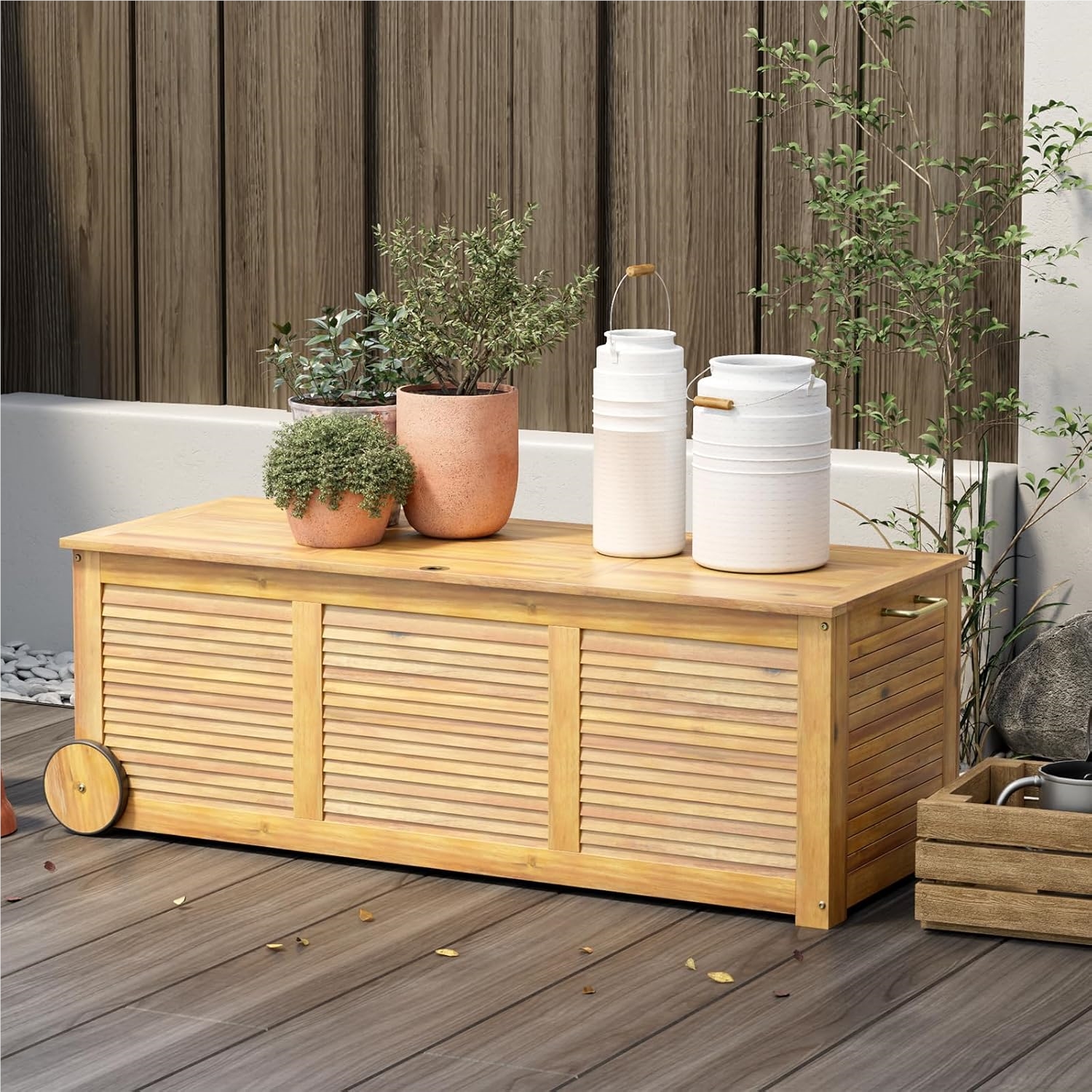 Image of Garden Box Made Of Acacia Wood 285 L, Storage Box With Wheels, Garden Storage Box Including Inner Bag