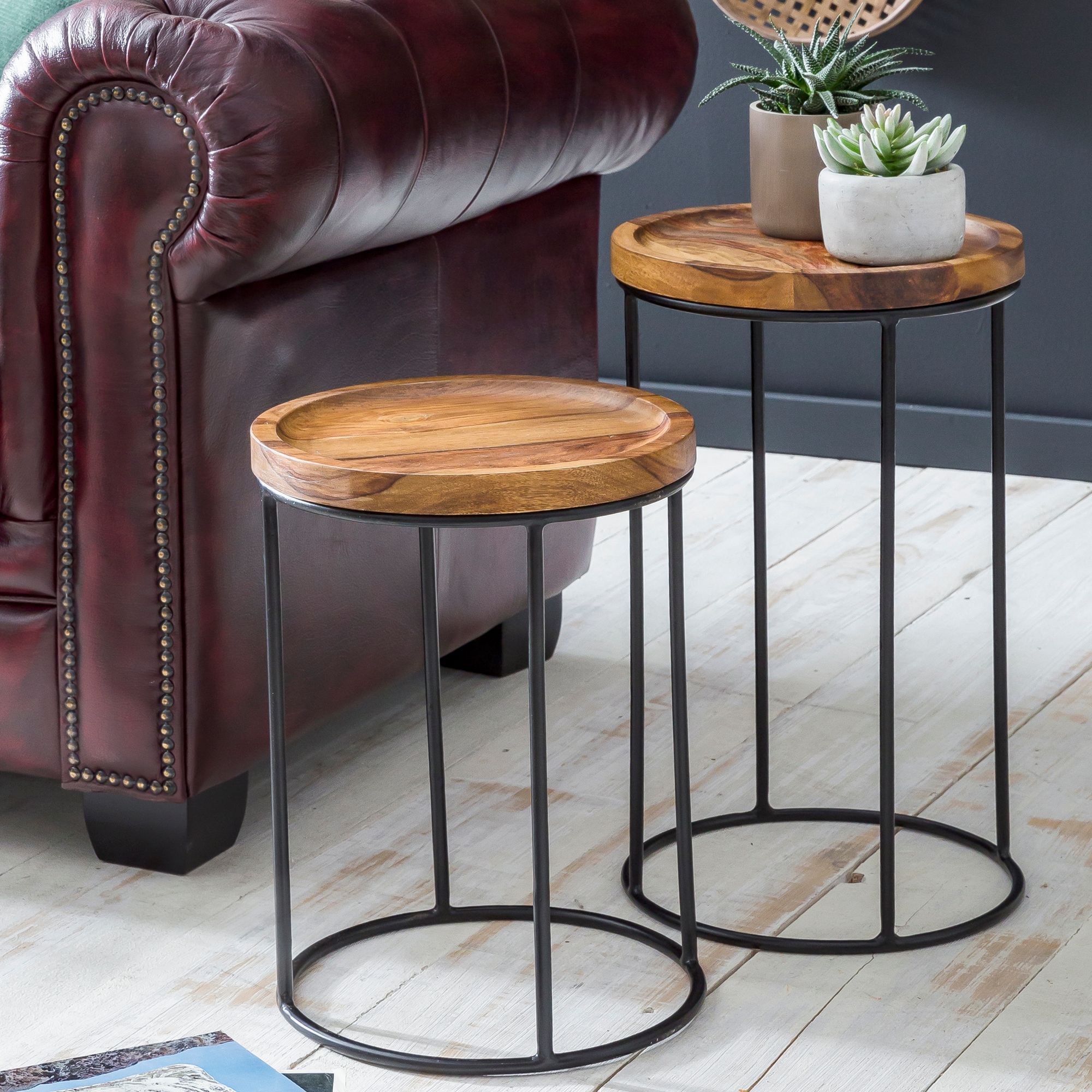 Image of Design Coffee Table Fb51458 Metal Side Table 2pcs Set Small, Sofa Table Set 2 Wooden Tables, Solid Room Table Metal Frame, Narrow Coffee Table Side Table