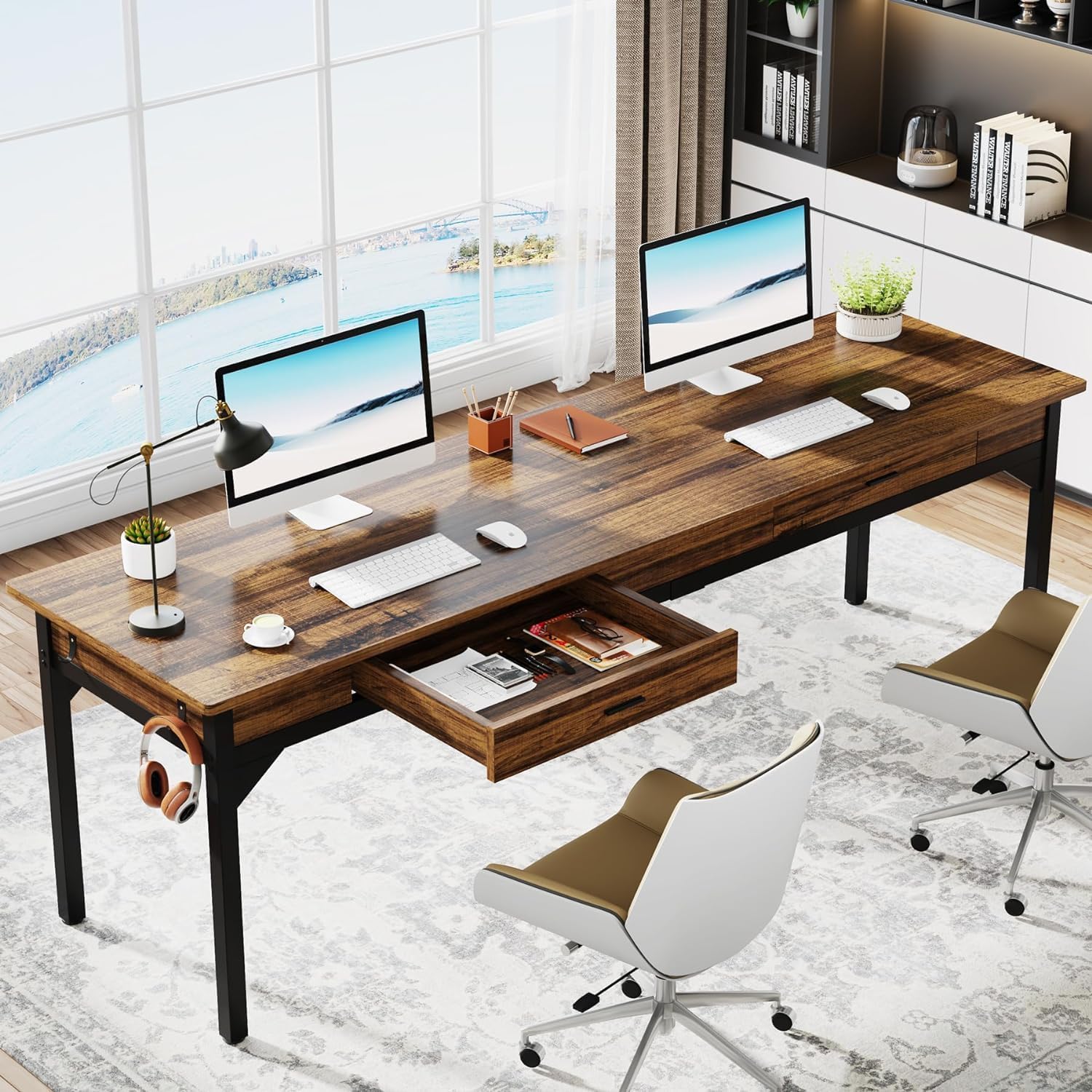 Image of Farmhouse Computer Desk, 200 X 60 X 82 Cm, Double Long Desk With 2 Drawers, Pc Table, Office Table, Work Table, Dining Table, Office Furniture, Computer Desk For Home Office, Brown