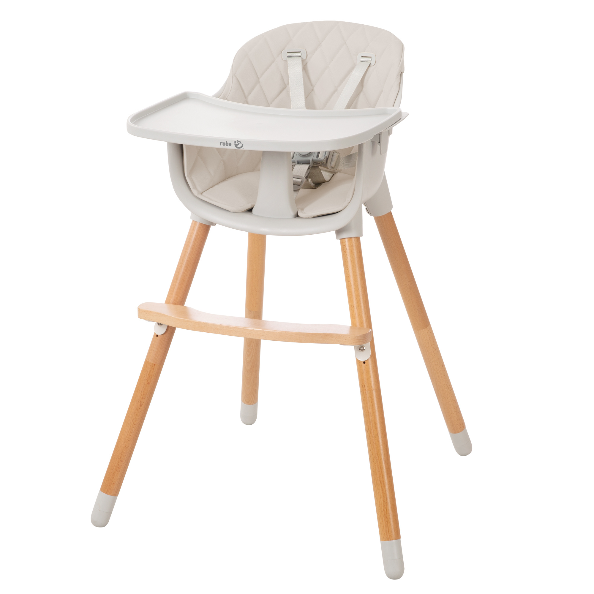 Image of 2-in-1 High Chair Style Up Wood + Seat Cushion Gray - High Chair With 5-point Harness - Wooden Legs - Removable Tray - Baby Chair From 6 Months