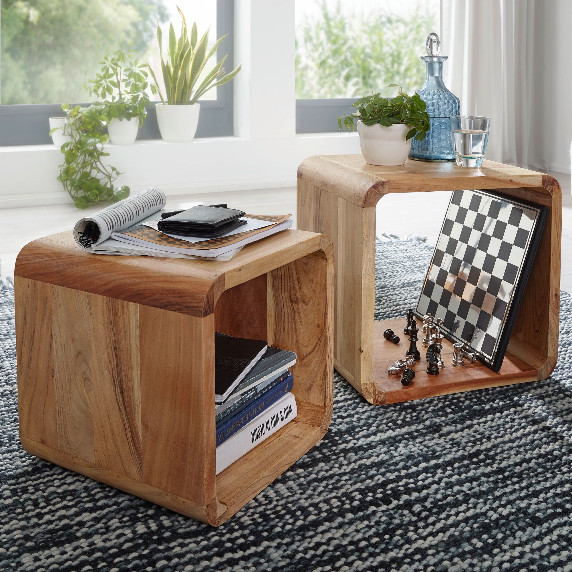 Image of 2pcs Set Of Solid Wood Design Coffee Table Acacia 2 Tables, Cube Shelf Set Brown, Solid Room Table, Wooden Side Tables In Country House Style, Wooden Table Living Room