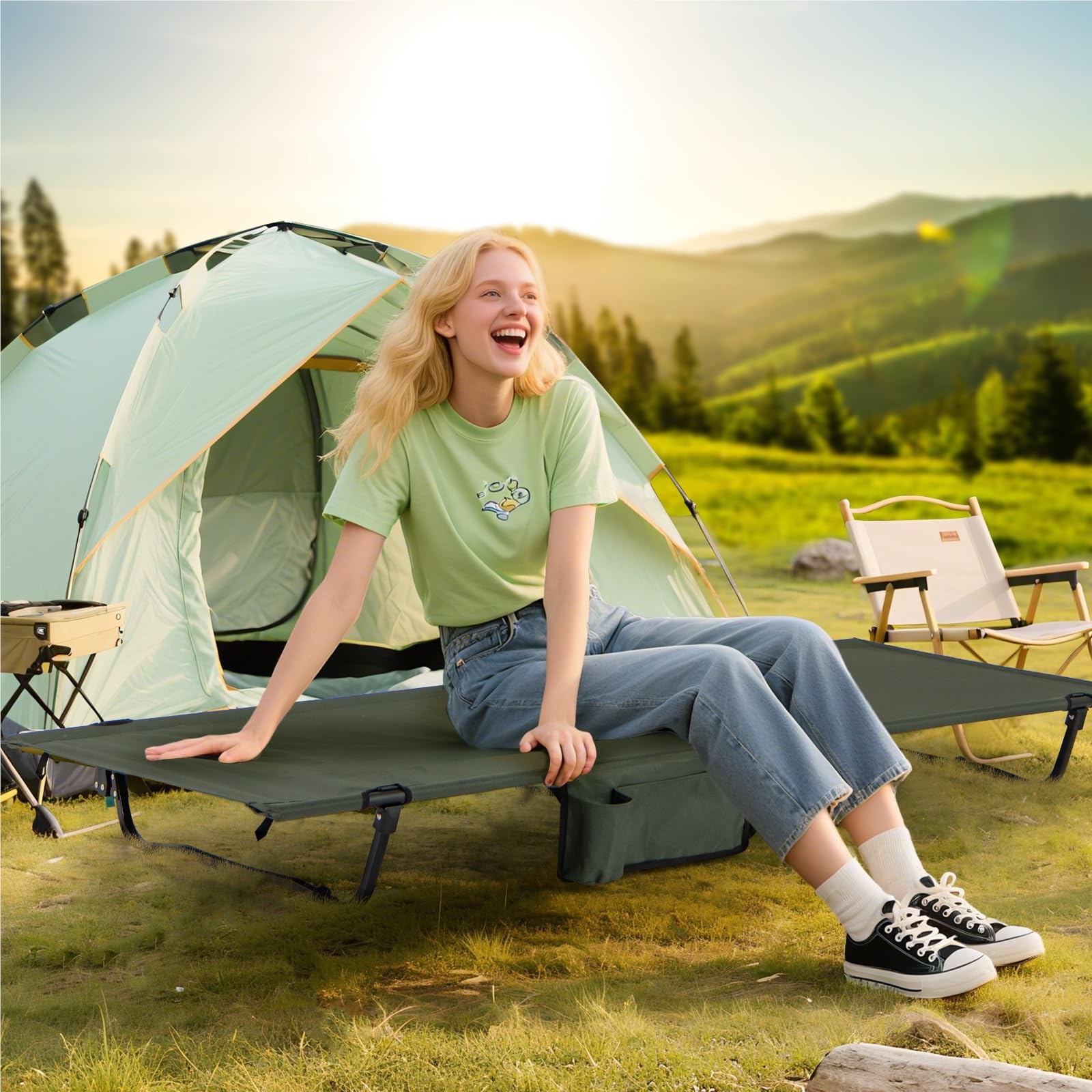 Image of Ultralight Camping Cot With Side Pocket, 193 X 70 Cm, Portable Folding Bed, 150 Kg Weight Capacity, Camping Lounger For Camping, Travel, Beach