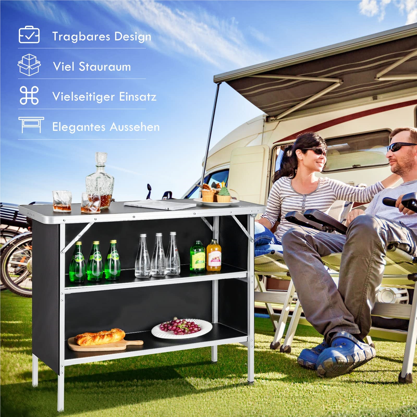 Image of Portable Folding Camping Cabinet With 2-tier Shelves, Aluminum Camping Storage Box, Includes Carrying Bag, For Picnics, Grilling, Parties, 110 X 38 X 88 Cm (black)