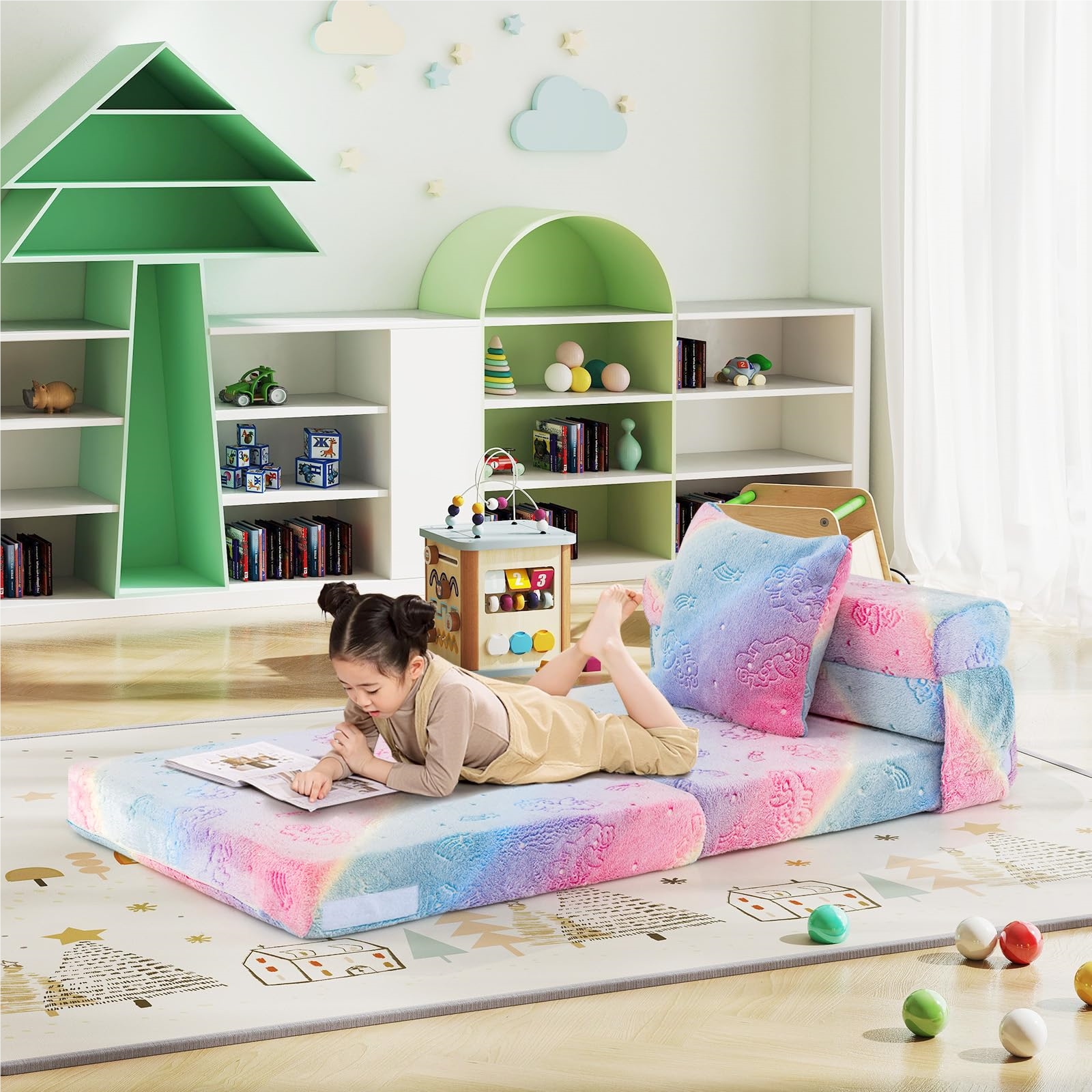 Image of Foldable Kids' Sofa With Cushions, 4-in-1 -the- Sofa, Children's Couch With Machine-washable Cover, Folding Sofa Chair For Kids' Room, Playroom