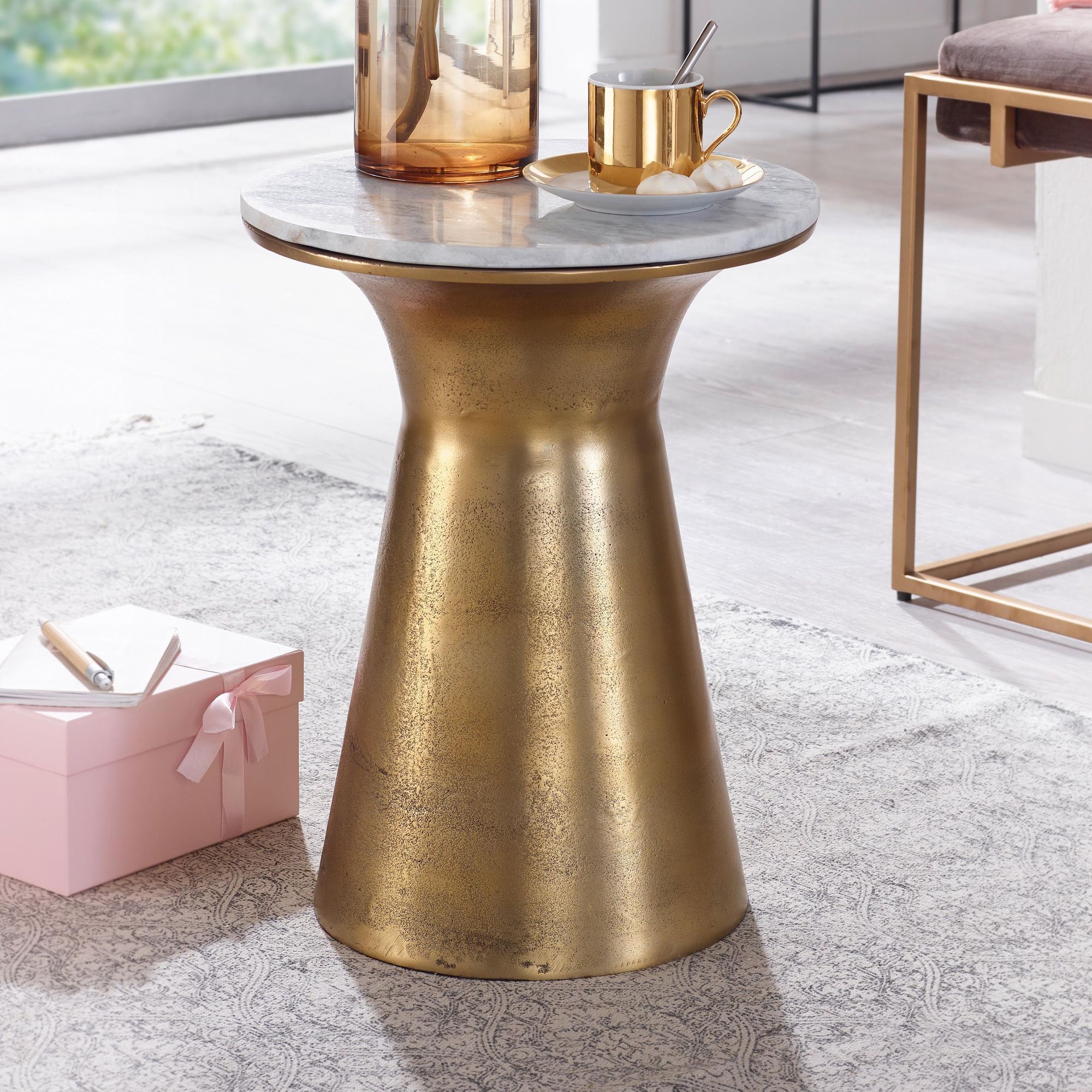 Side Table Real Marble White 35x35x45 Cm Metal Golden, Small Round Coffee Table, Modern Living Room Table Sofa, Table
