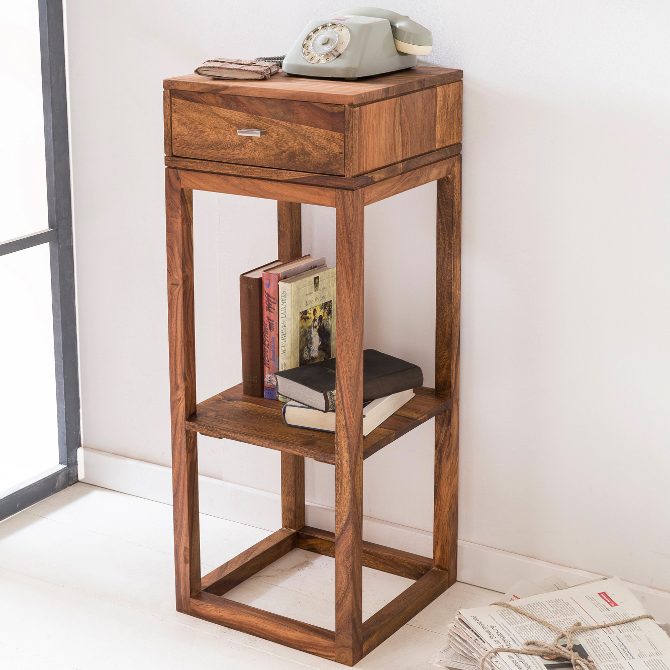 Image of Solid Wood Side Table , 90 X 35 X 35 Cm, Telephone Table With Drawer For Hallway Sideboard, Modern Console With Shelf