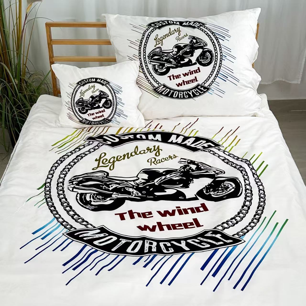 TEMU Stylish Motorcycle Pattern 3-piece Bedding Set - Motorcycle Bedding, , White Bedding, 3-piece Bedding Set