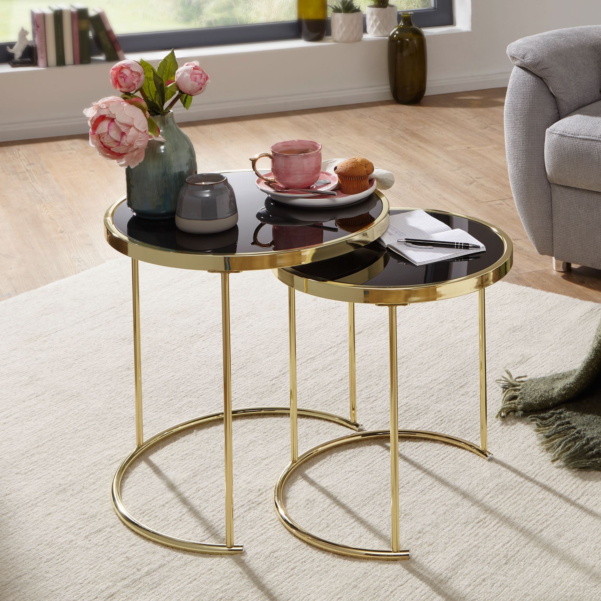 Image of Como Design Nesting Table Set In Black/gold, Metal/glass Side Table, Coffee Table Set Of 2, Small Living Room Table, Metal Table With Glass Top, Table