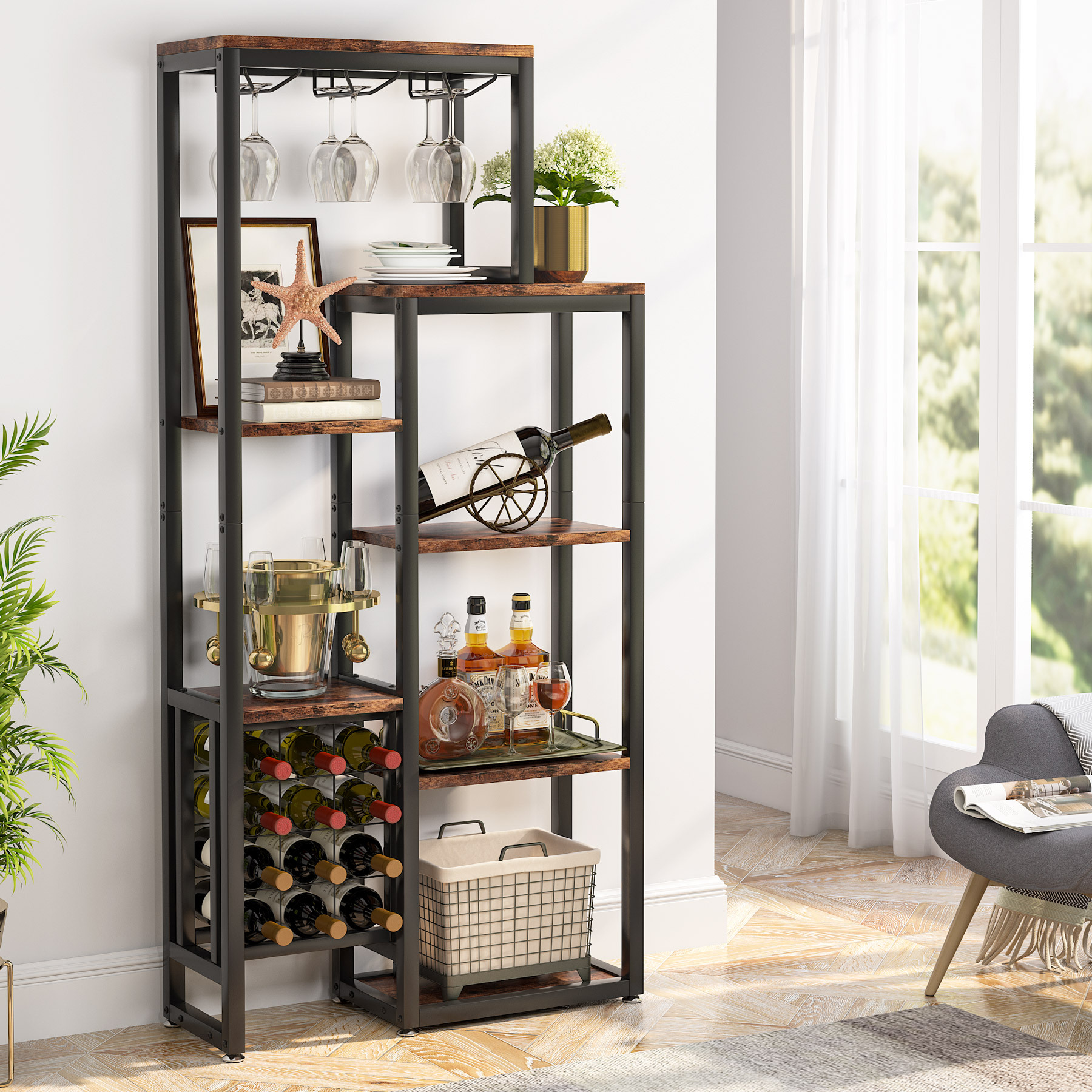 Freestanding Floor Wine Rack, 5-tier Wine Bottle Rack With Glass Holder & Wine Storage, Industrial Wine Rack, Wine Bar Cabinet, For Bar, Kitchen, Dining Room (rustic Brown, 1pc)