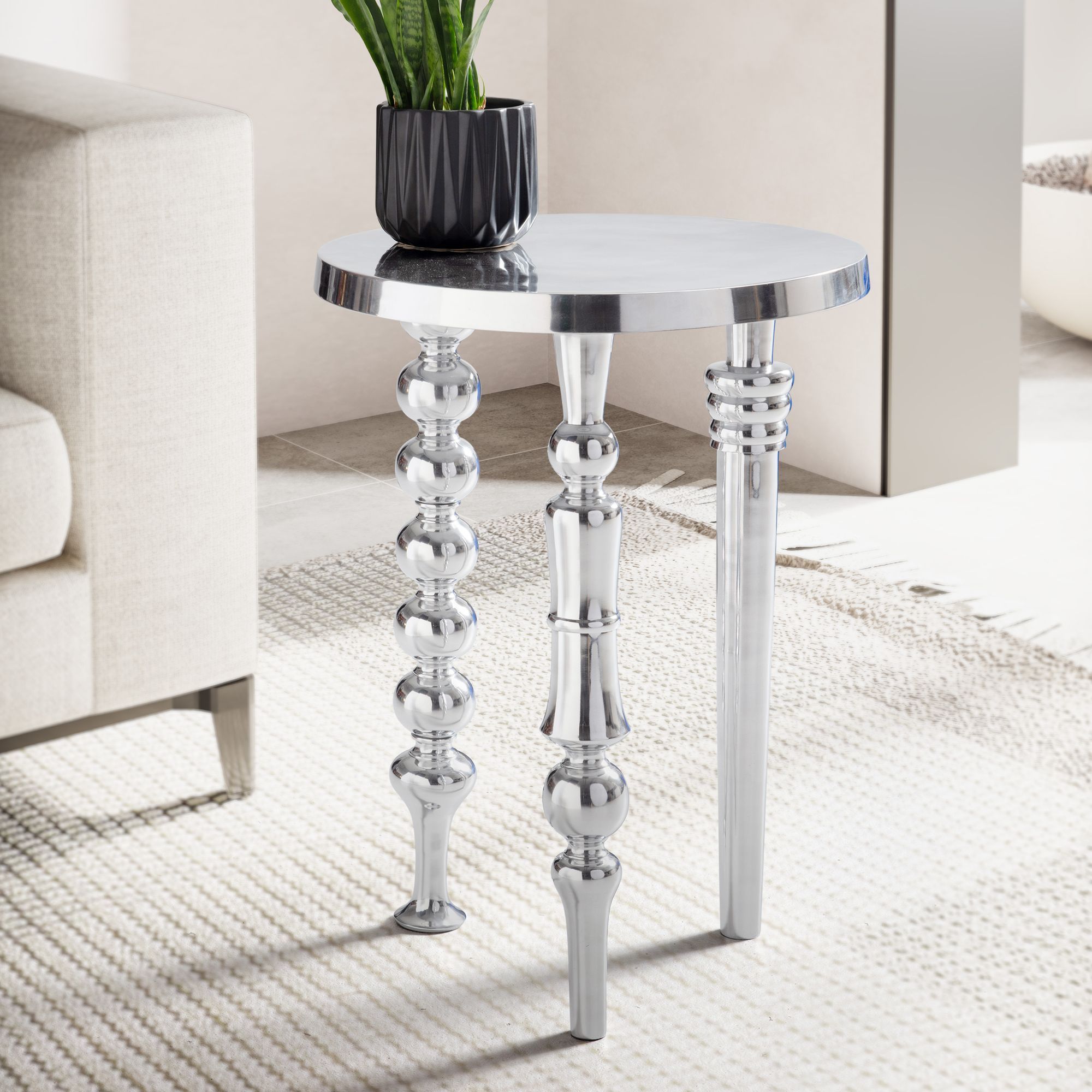 Image of Side Table 44x44x63 Cm Aluminum With 3 Different Legs, Tripod Living Room Table Metal, Round Decorative Table Silver, Modern Aluminum Accent Table, Small Living Room Table