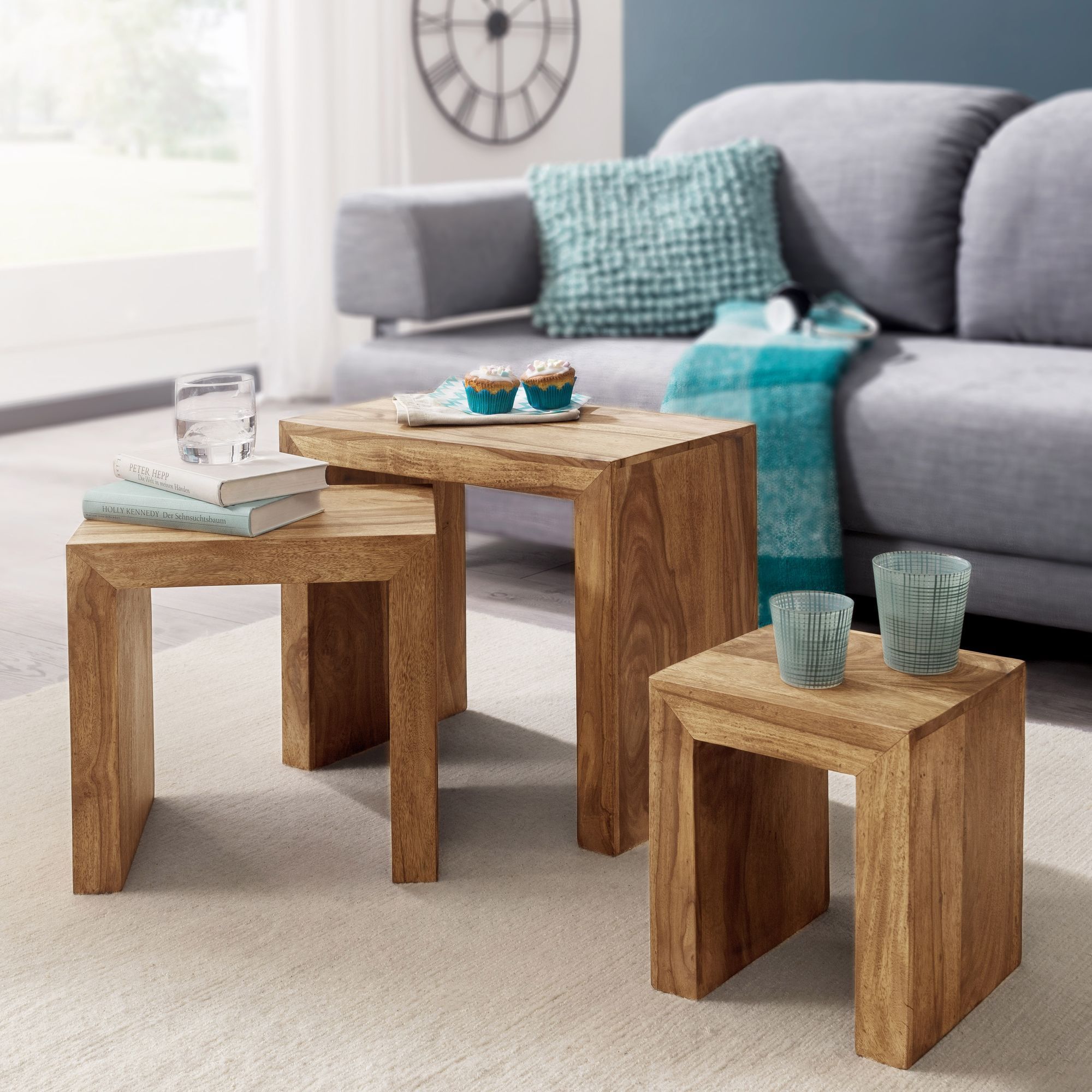 3rd Set Solid Wood Coffee Table Living Room Table Country Style Side Table Dark Brown Natural Wood Sofa Table Natural Product Living Room Furniture Unique Solid Wood Furniture End Table