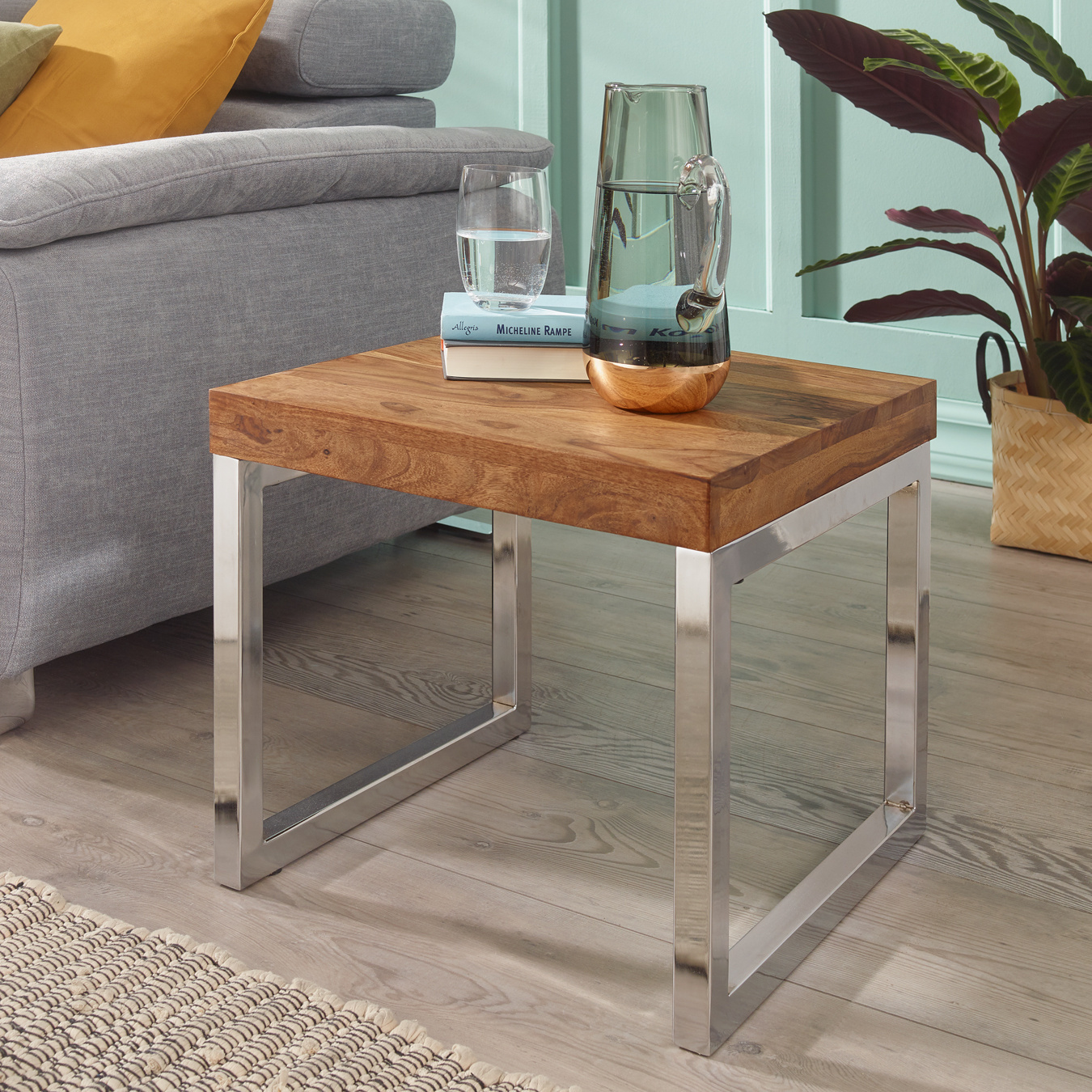 Image of Side Table Solid Wood Living Room Table Metal Frame Coffee Table Country House Style Dark Brown Natural Product Living Room Furniture Unique Modern Solid Wood Furniture Side Table