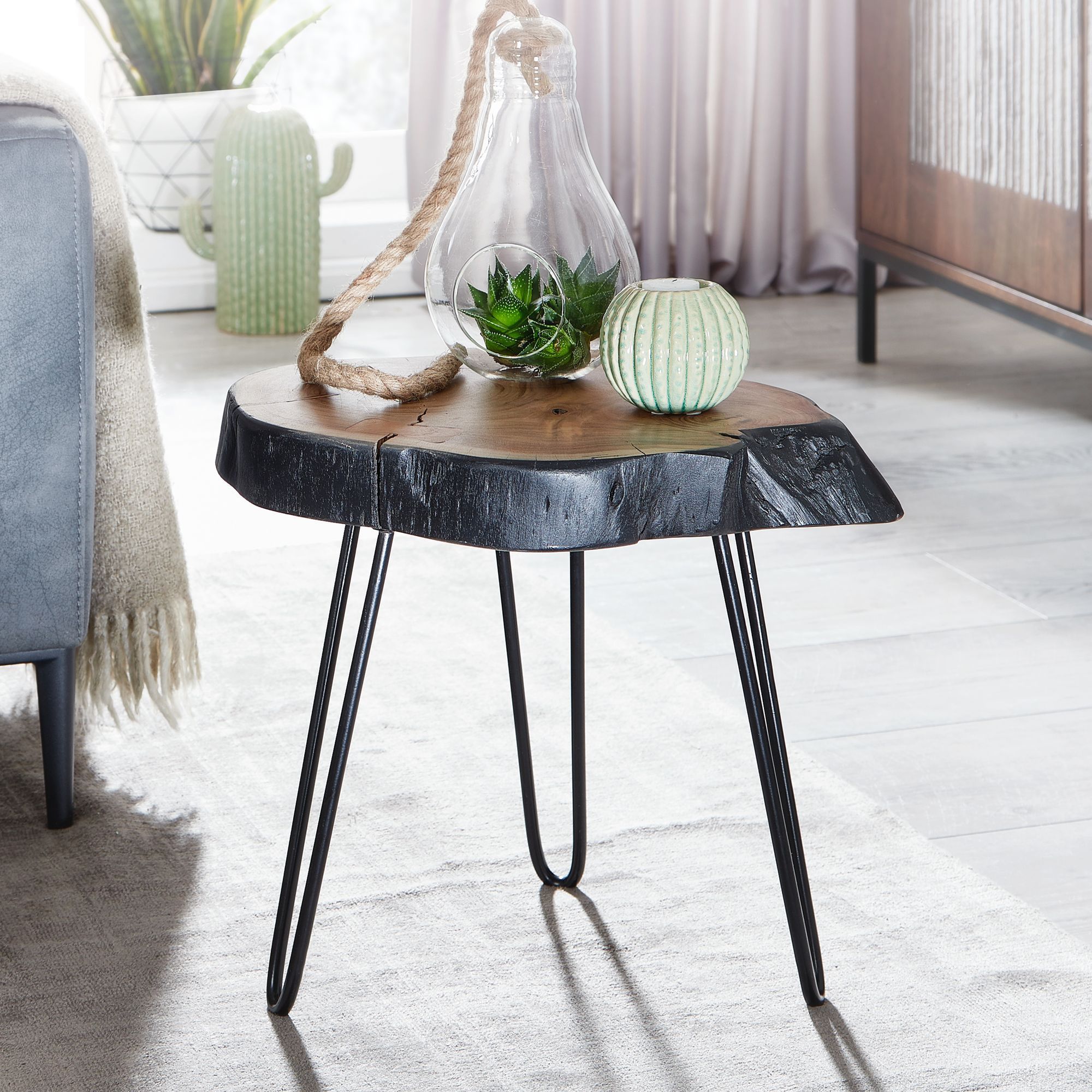 Image of Acacia Solid Wood / Metal Industrial Side Table 40x40x32cm Tree Edge, Living Room Table Coffee Table With Solid Hairpin Legs, Small End Table For Living Room
