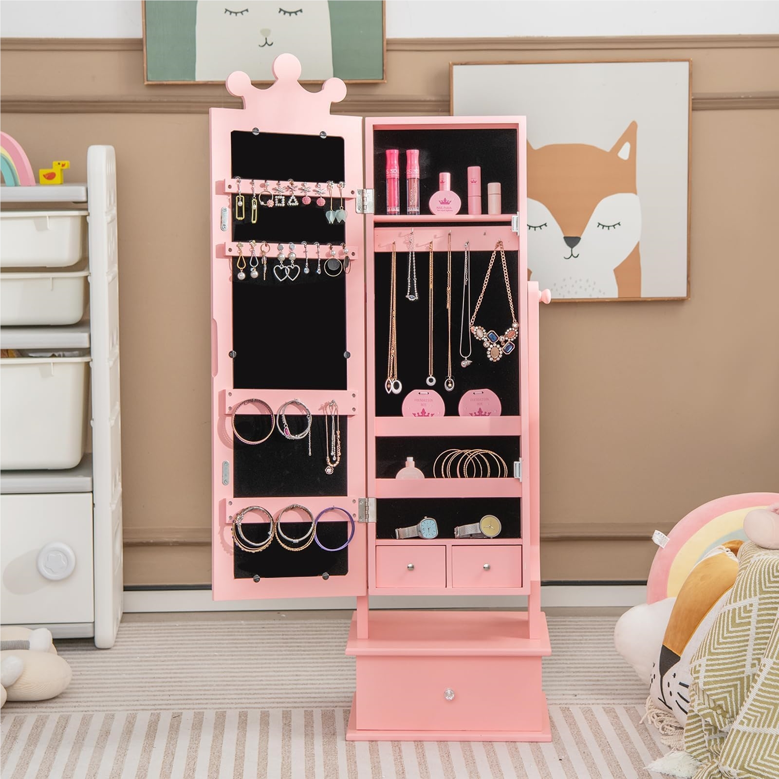 Image of Kids' Jewelry Cabinet, Tilted Mirror Cabinet With Full-body Mirror, 2 Adjustable Tilt & 3 Drawers, Crown-shaped Jewelry Rack Makeup Mirror For Kids From 3 Years Old (pink)