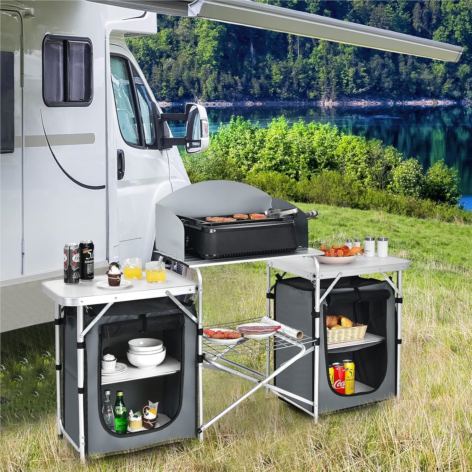 Folding Camping Kitchen, Camping Cupboard Made Of Aluminum Frame, Folding Cupboard With 4 Compartments, 2 Side Pockets