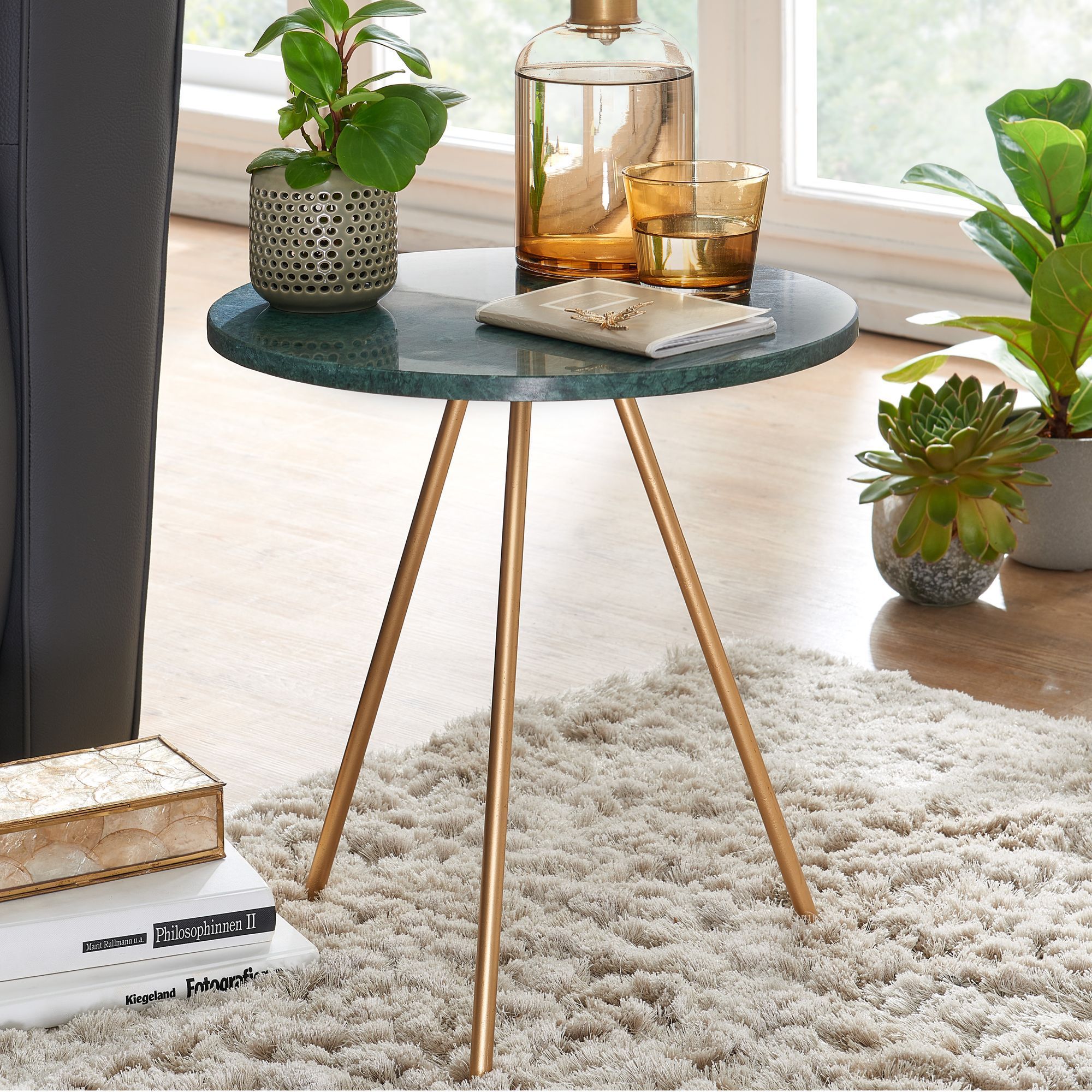 Side Table Real Marble Green 38x38x44cm Metal Golden, Small Three-legged Coffee Table Round, Living Room Table Modern, Table