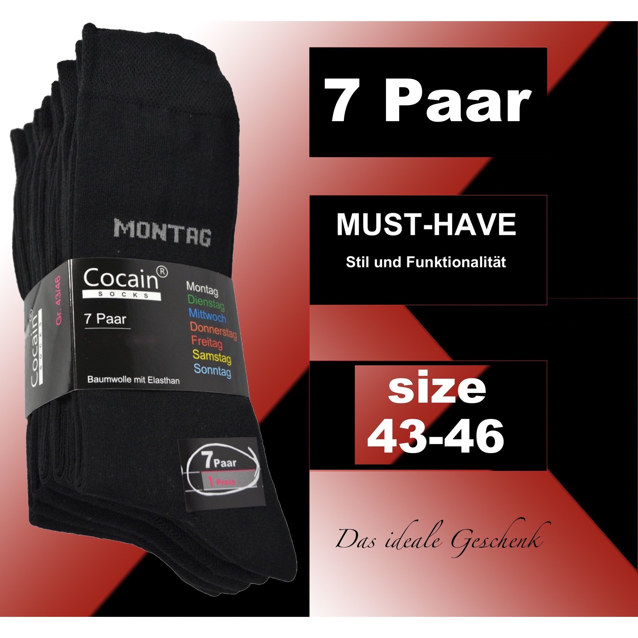 Image of 7 Pairs Of Men's Socks, Black, Cotton, Women's Socks, Socks For New Day, Sock, Breathable, Machine Washable, Comfortable And Durable, Business Socks, , On , Size 35/38, 39/42, 43/46