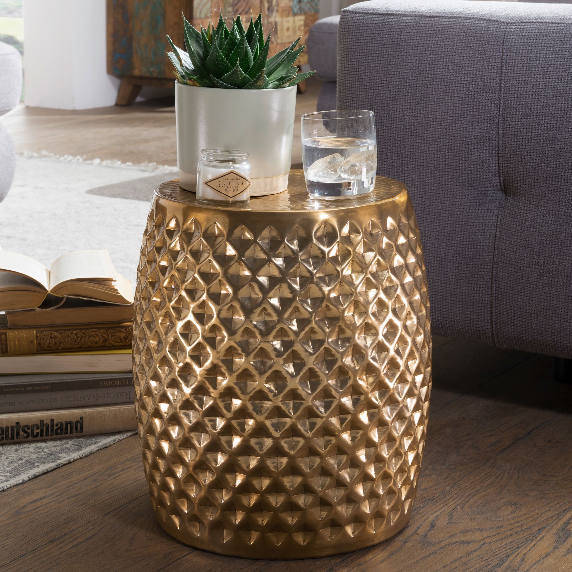 Side Table 32 X 42 X 32 Cm Aluminum Extendable Oriental Round Table, Flat Finish Sofa Table Metal, Modern Living Room Design Table, Small Indian Style With Storage