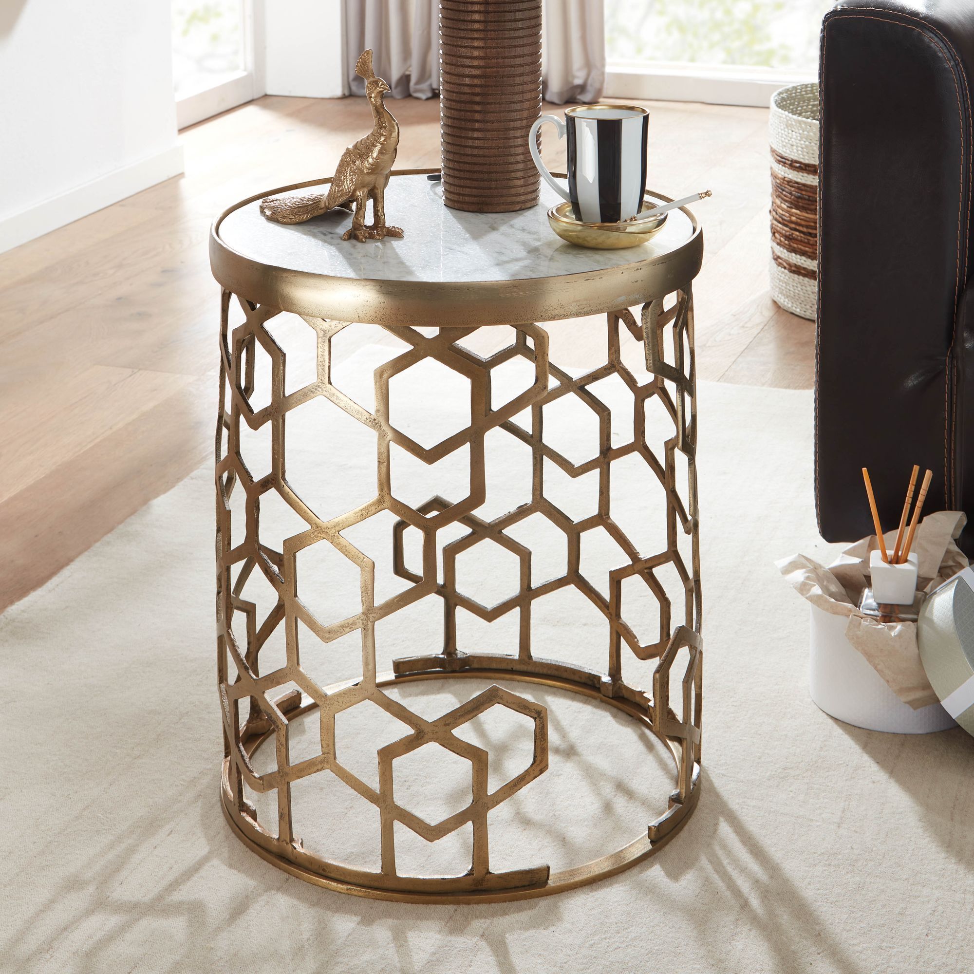 Side Table Genuine Marble White 44x44x55 Cm, Extendable Table Metal Gold, Small Round Sofa Table, Modern Living Room Coffee Table, Tall Couch Table