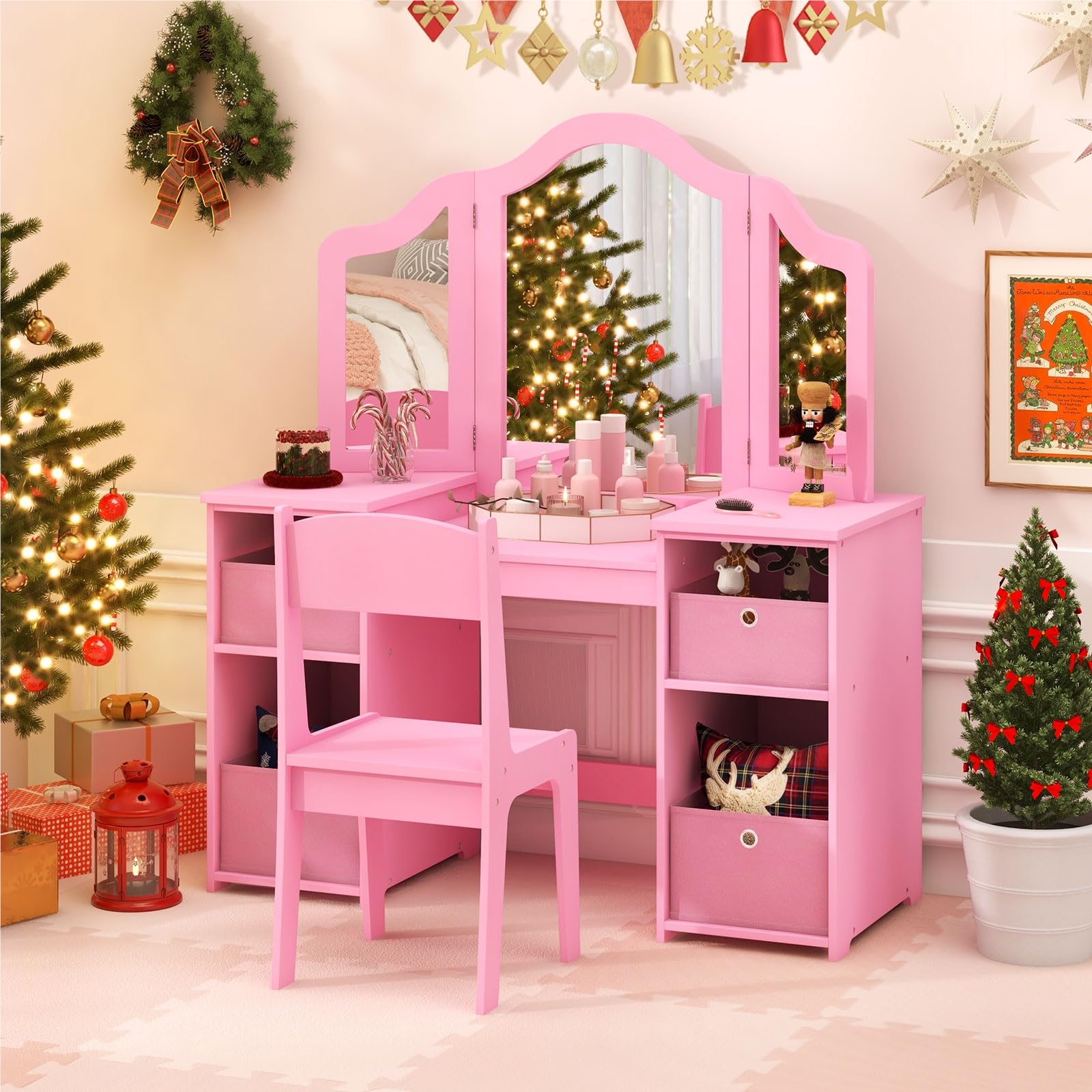 Image of 2 In 1 Children's Makeup Table With Removable Mirror, Princess Dressing Table With Chair, Cosmetic Table With Storage Boxes & Open Shelves, Wooden Makeup Vanity For Girls (pink)