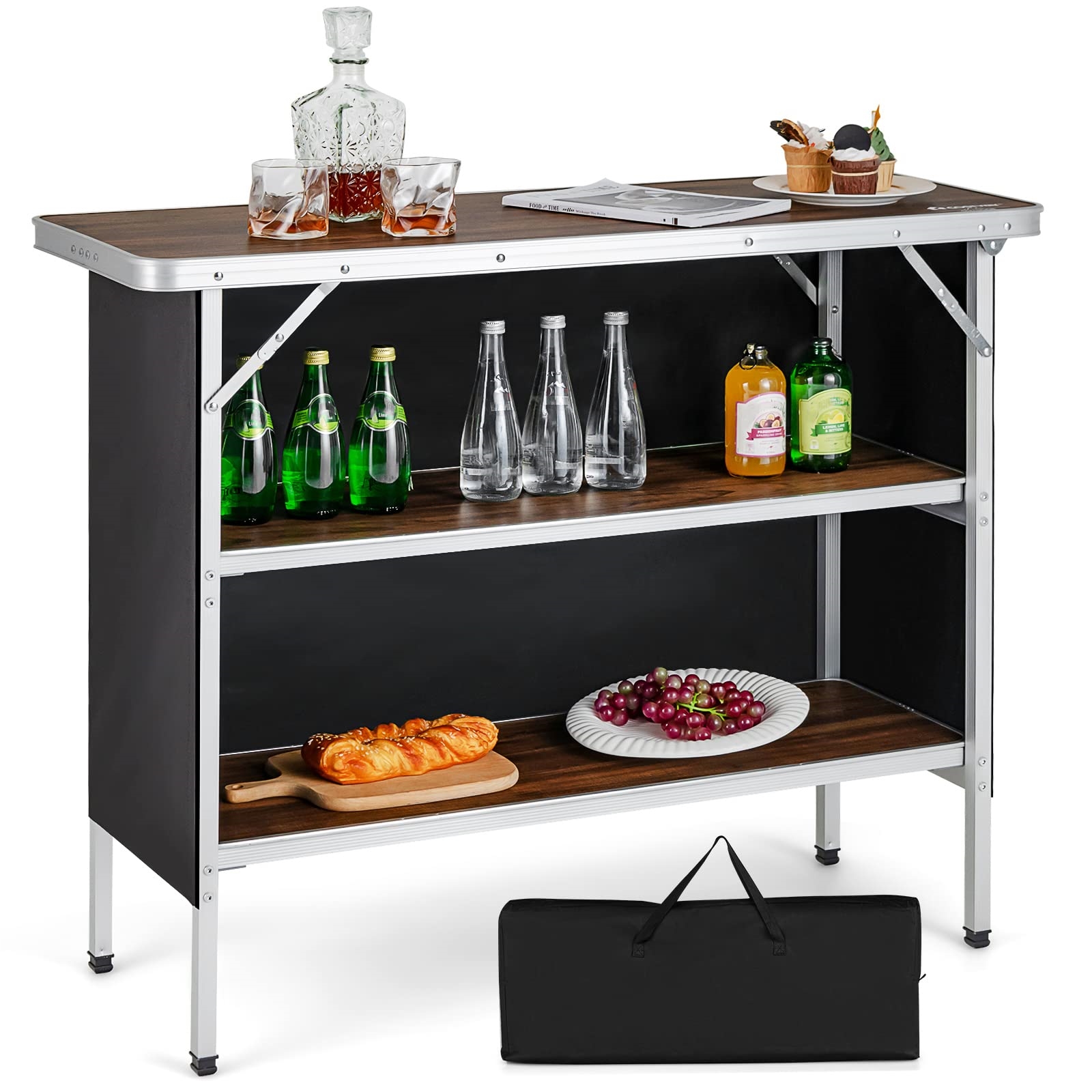 Image of Foldable Camping Cabinet, With 2-tier Shelves, Aluminum Folding Camping Cabinet, Includes Carrying Bag, For Picnics, Barbecues, Parties, 110 X 38 X 88 Cm (coffee)
