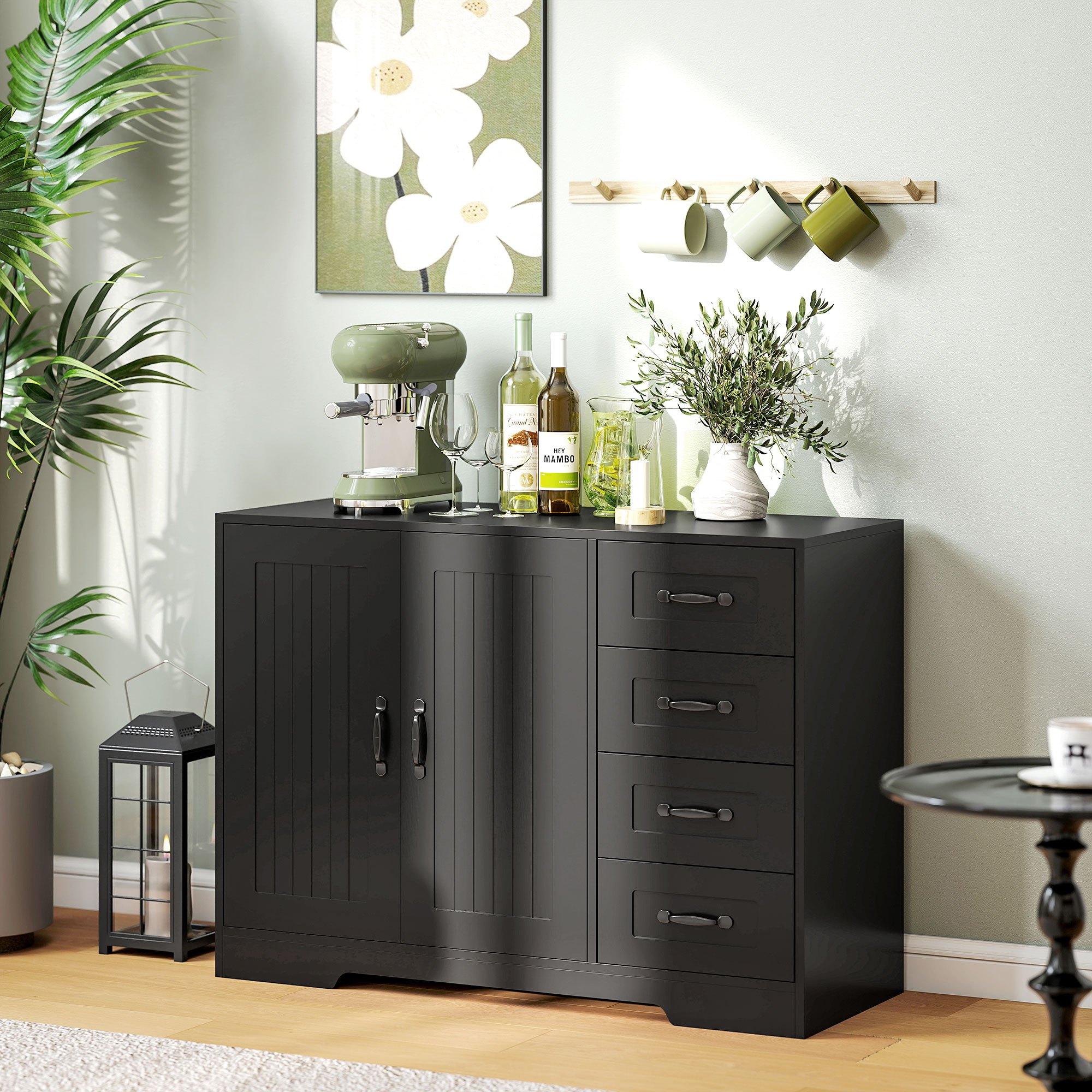 Sideboard, Auxiliary Cabinet With 4 Drawers, 2 Doors, Kitchen Cabinet, Storage Cabinet With Adjustable Shelves For Living Room, 105 X 40 X 76 Cm, Black