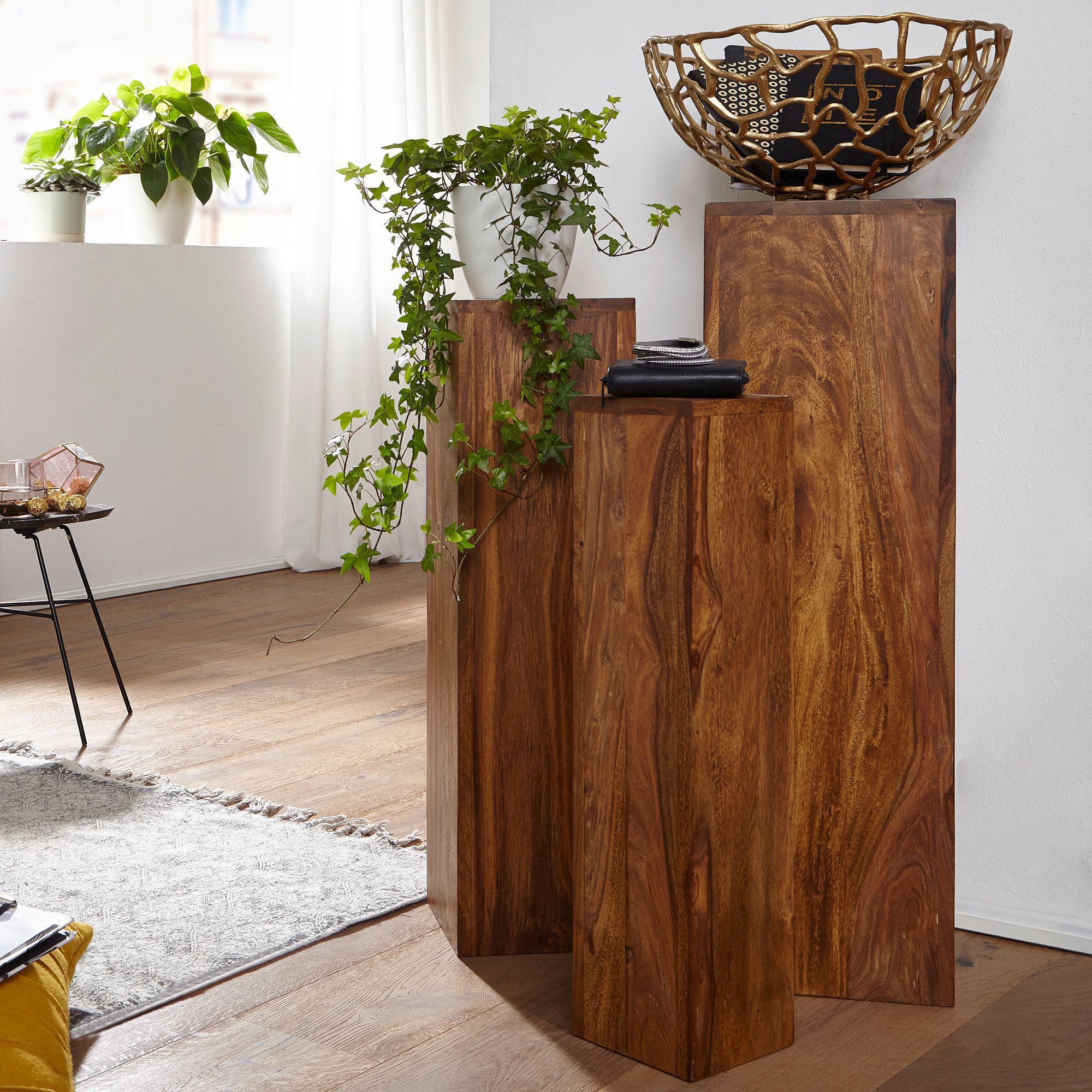 Image of Set Of 3 Solid Wood Side Tables, Square And Modern, Set Of 3 Column Plant Stands, Flower Table For Living Room, Plant Stool, Flower Stand Decorative Column