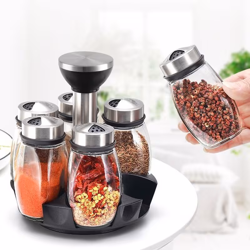6 jar revolving spice rack organizer holder kitchen countertop seasoning stand rotating spice rack with stainless steel lid rotating seasoning organizer black details 0