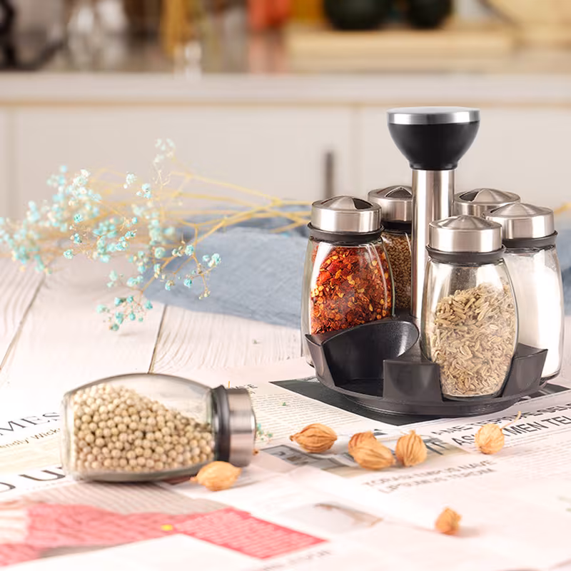 6 jar revolving spice rack organizer holder kitchen countertop seasoning stand rotating spice rack with stainless steel lid rotating seasoning organizer black details 1
