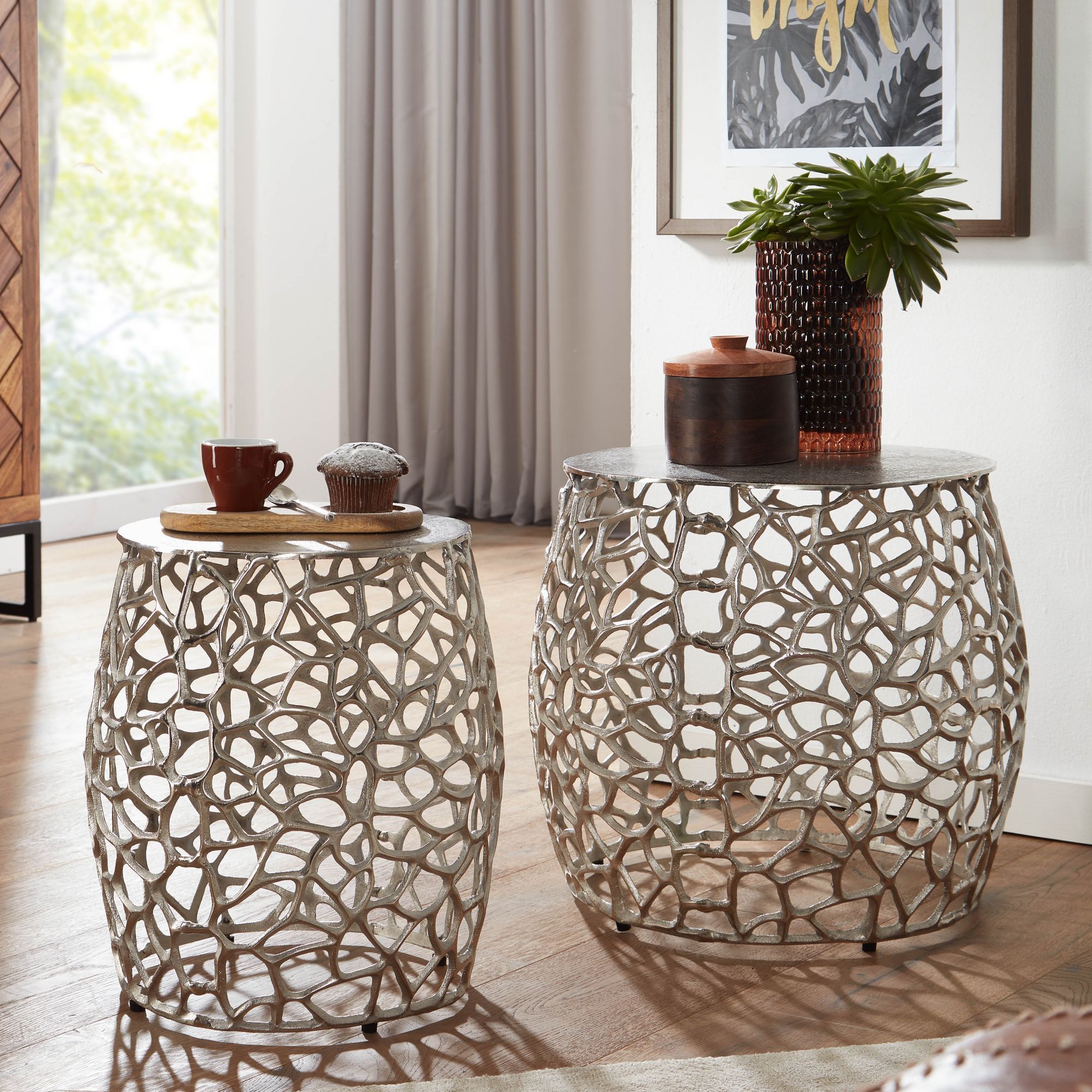 2-piece Side Table Set, Aluminum Design Round Metal Nesting Tables, Modern Living Room Coffee Table With Knot-grain Structure, 2-part Sofa Table For Living Room