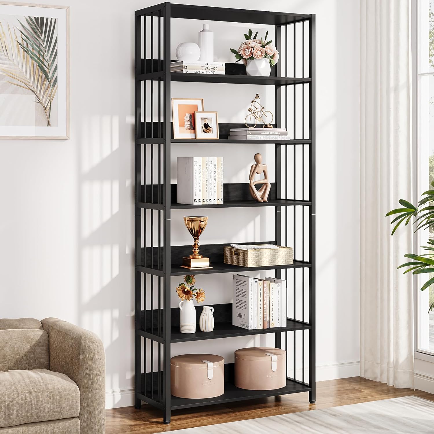 E-shop Bücherregal mit 6 Ebenen,190cm groß Industrielles Standregal, 30 * 80 * 190CM,Bücherschrank Lagerregal,freistehendes Regal für Wohnzimmer,
