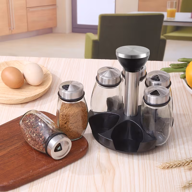 6 jar revolving spice rack organizer holder kitchen countertop seasoning stand rotating spice rack with stainless steel lid rotating seasoning organizer black details 2