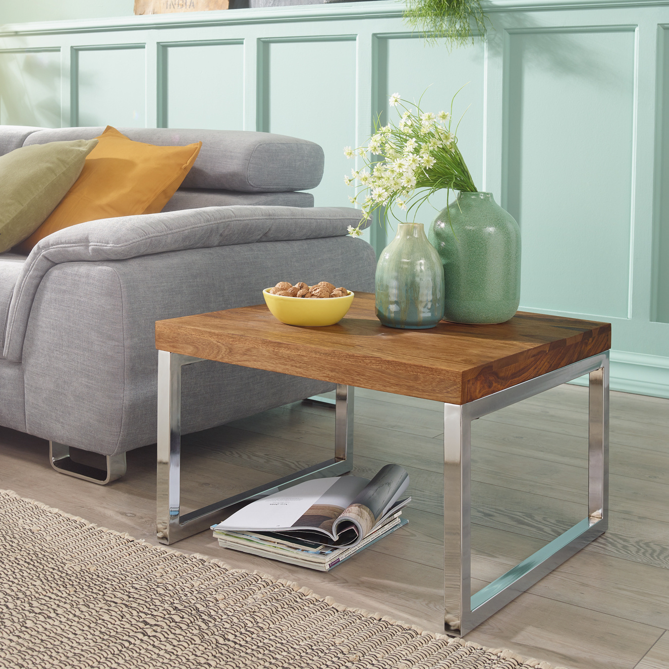 Image of Side Table Solid Wood Living Room Table With Metal Frame Country House Style Sofa Table Brown
