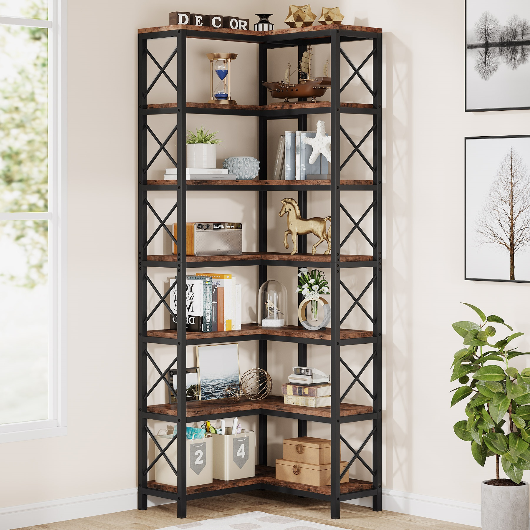 Corner Bookshelf, Tall Bookshelf, Industrial Large Corner Shelf, Freestanding Corner Shelf, Storage Shelf, Metal Frame Storage Rack For Living Room, Home, Office (7 Shelves)