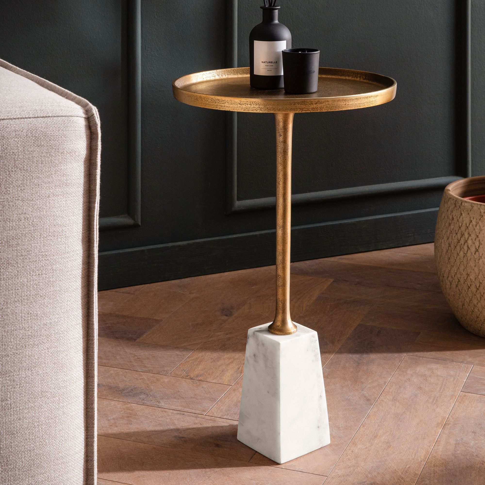 Side Table Genuine Marble Metal 34x34x58 Cm, Gold White, Small Round End Table, Modern Living Room Coffee Table, Tall Marble Table