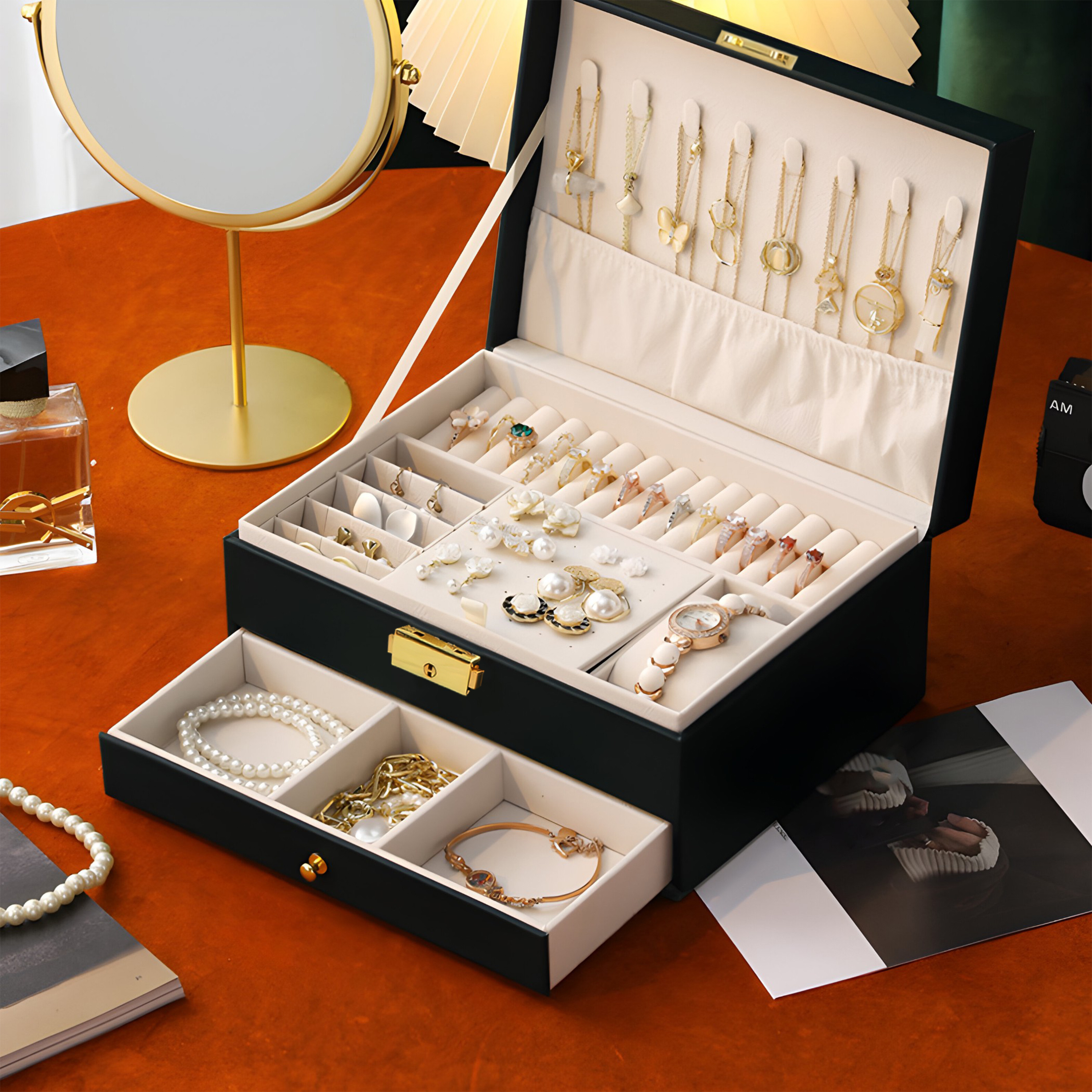 TEMU Schmuckkästchen Retoo Eleganz, Organizer mit Fächern, Uhrengehäuse, Ringbox, Schwarze Schmuckschatulle, Abschließbar mit Schlüssel, 6 Fächer für