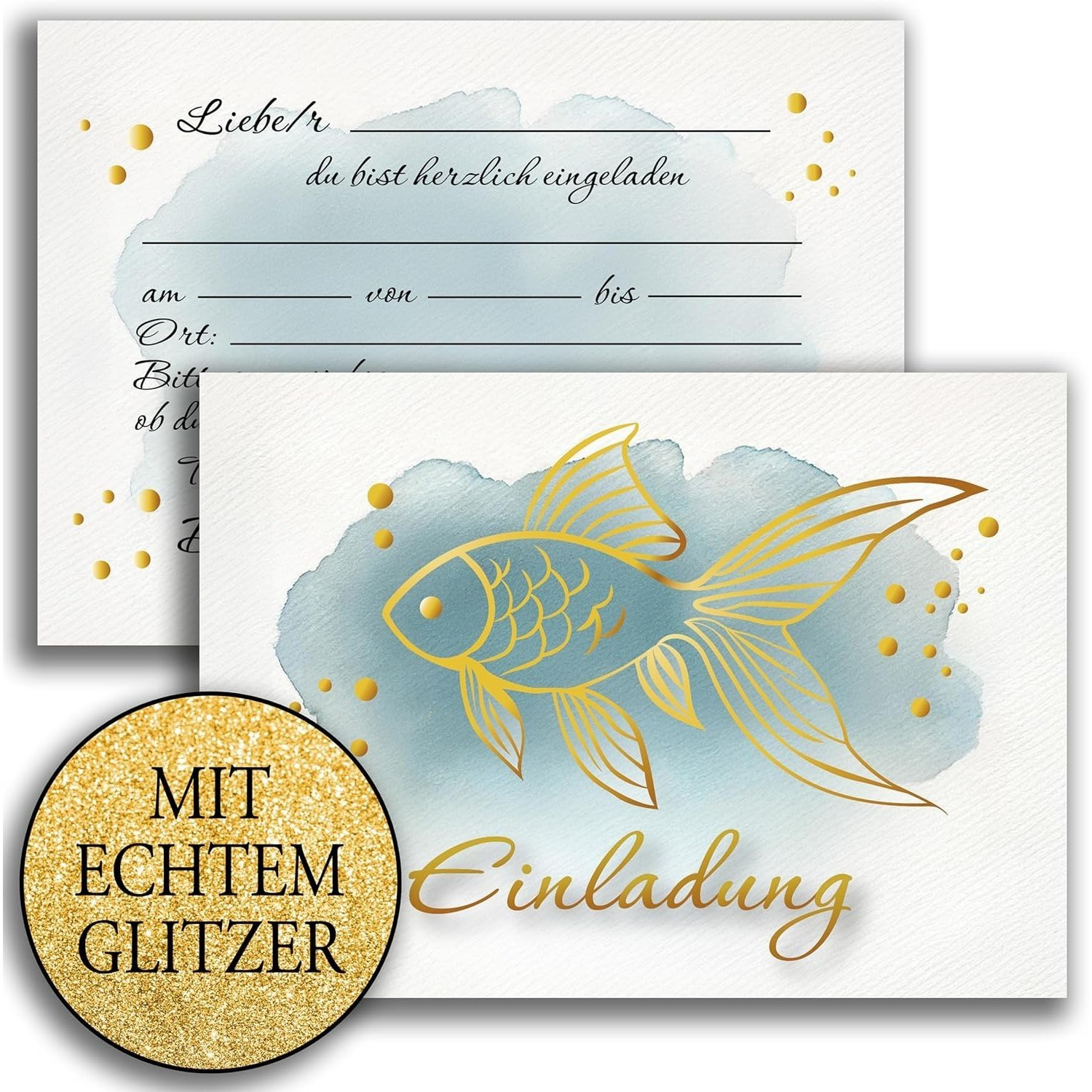 E-shop 10 Einladungskarten mit Umschlag Glitzer Einladung 2 seitig Karten stilvoller Fisch Aquarell in Blau Gold zart zur Taufe Firmung Konfirmation