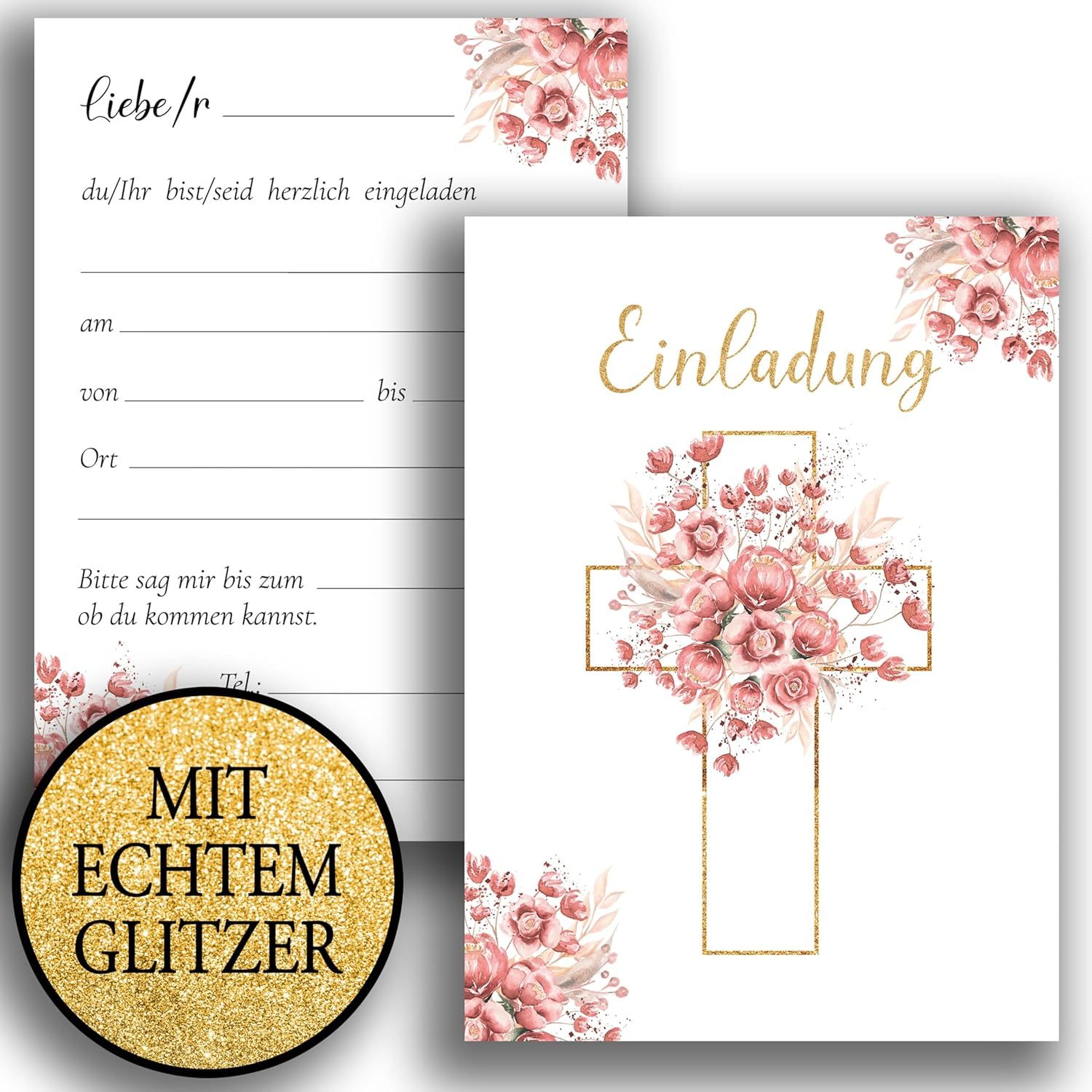 E-shop 10 Einladungskarten mit Umschlag Einladung Glitzer zweiseitig Karten stilvoll kreuz Aquarell zart zur Taufe Konfirmation Firmung Rosen Rosa Weiß