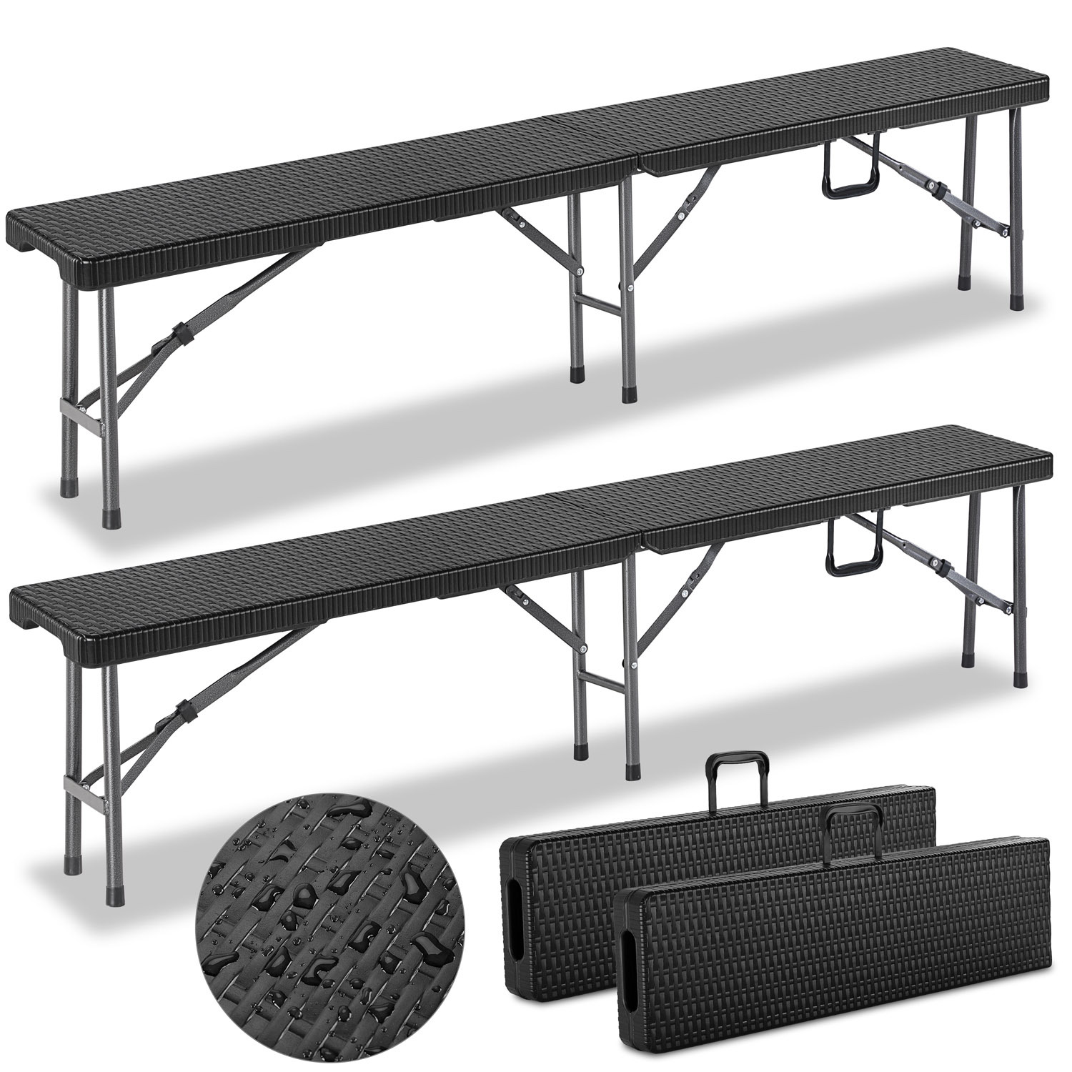 TEMU Casaria® 2pcs Set Beer Bench Foldable 8 People Rattan-style 183cm Plastic Folding Bench Camping Bench Beer Benches Beer Bench Set Garden Bench