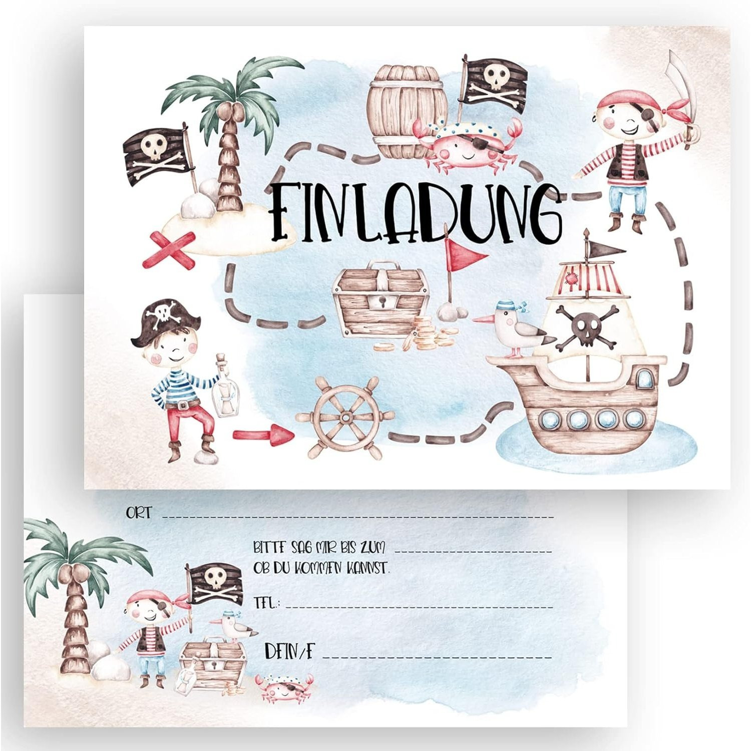 E-shop 10x Kinder Einladungskarten Einladung Kindergeburtstag Pirat Piraten Party Piratenparty Schatzsuche Geburtstag Pastell Aquarell 10x15 cm Party